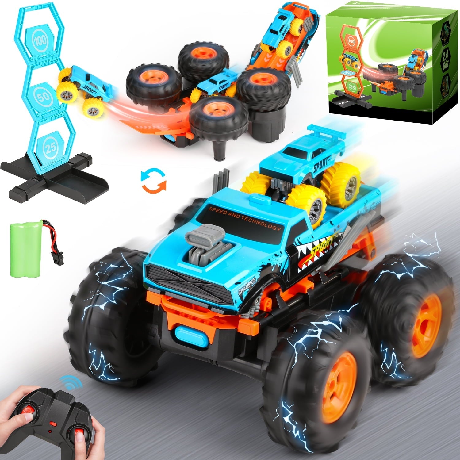 Huge Wave Remote Control Car for Boys, 1:16 Scale RC Stunt Monster Truck Toys, with Transform Track and Mini Car, Christmas Birthday Gift for Kids Age 4-12
