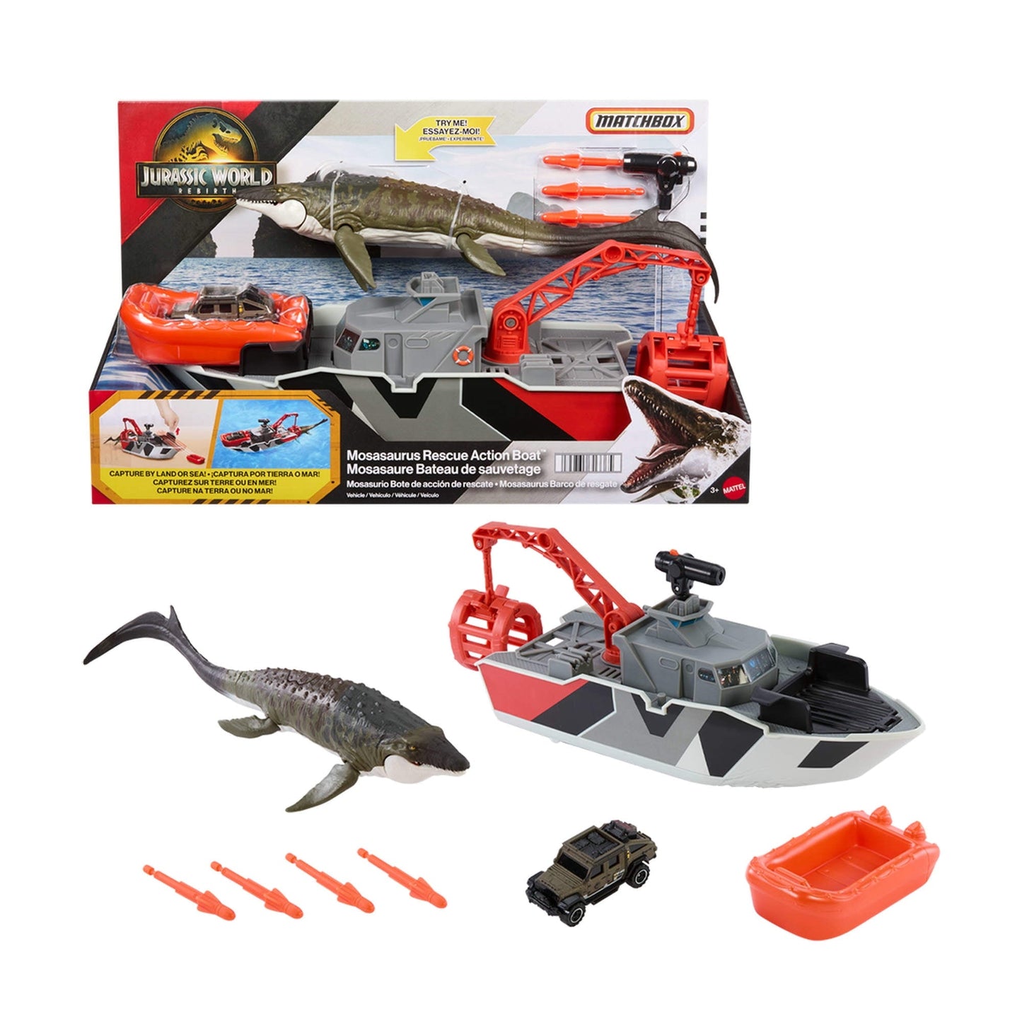 Matchbox Jurassic World Mosasaurus Rescue Action Boat Playset with Ship, Dino, Toy Car & Missiles