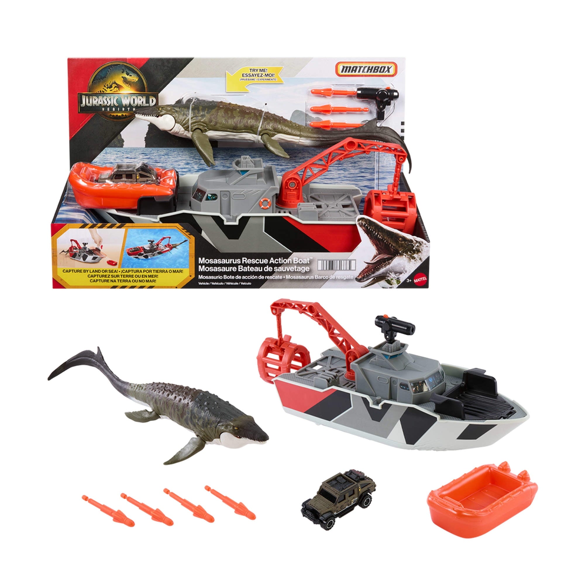 Matchbox Jurassic World Mosasaurus Rescue Action Boat Playset with Ship, Dino, Toy Car & Missiles
