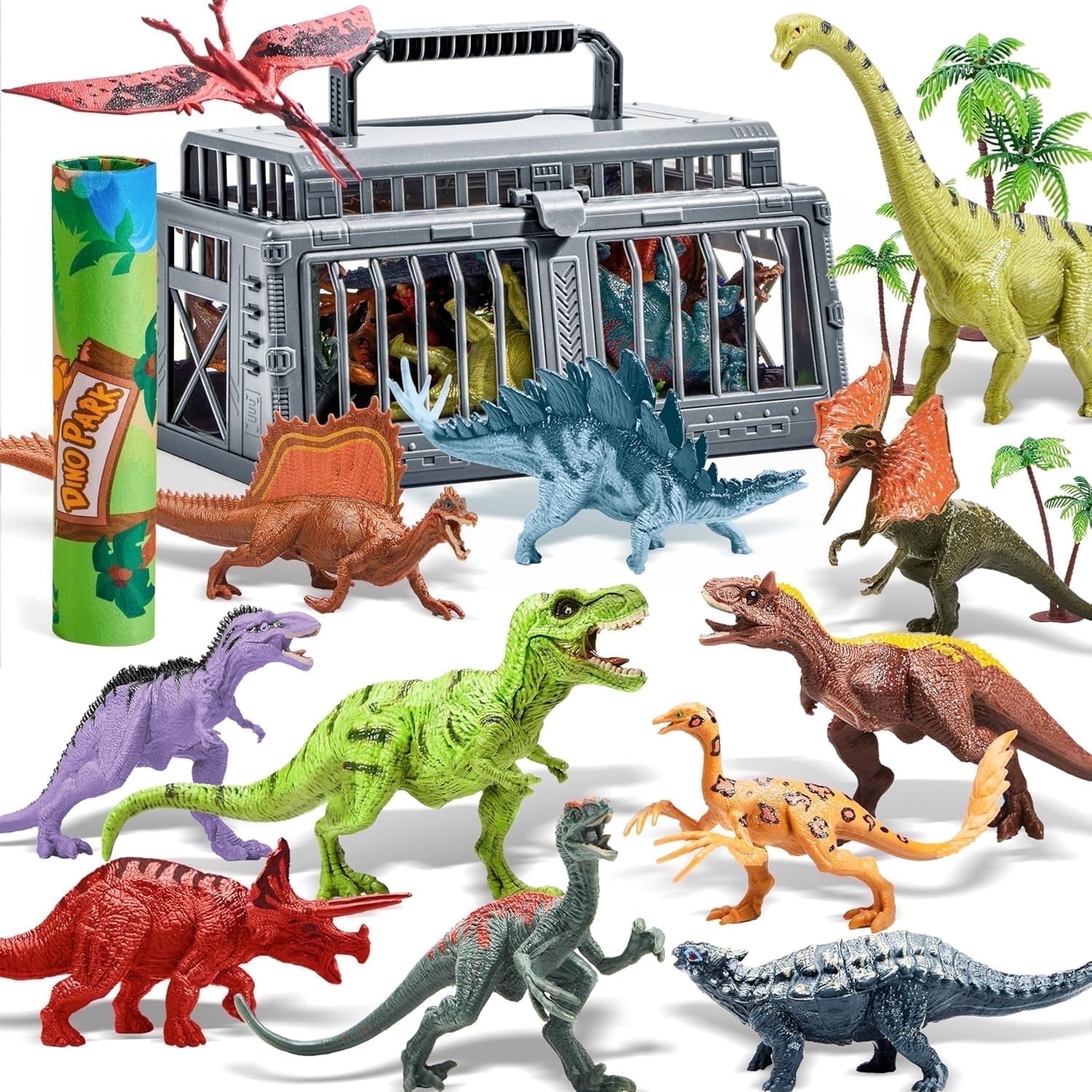 Joyfy 19 PCS Dinosaur Figures for Toddlers, Realistic Dinosaur Toys with Activity Play Mat & Storage Cage & Trees, Dino Playset Toys for Kids Ages 3-5, Christmas Birthday Gift For Boys