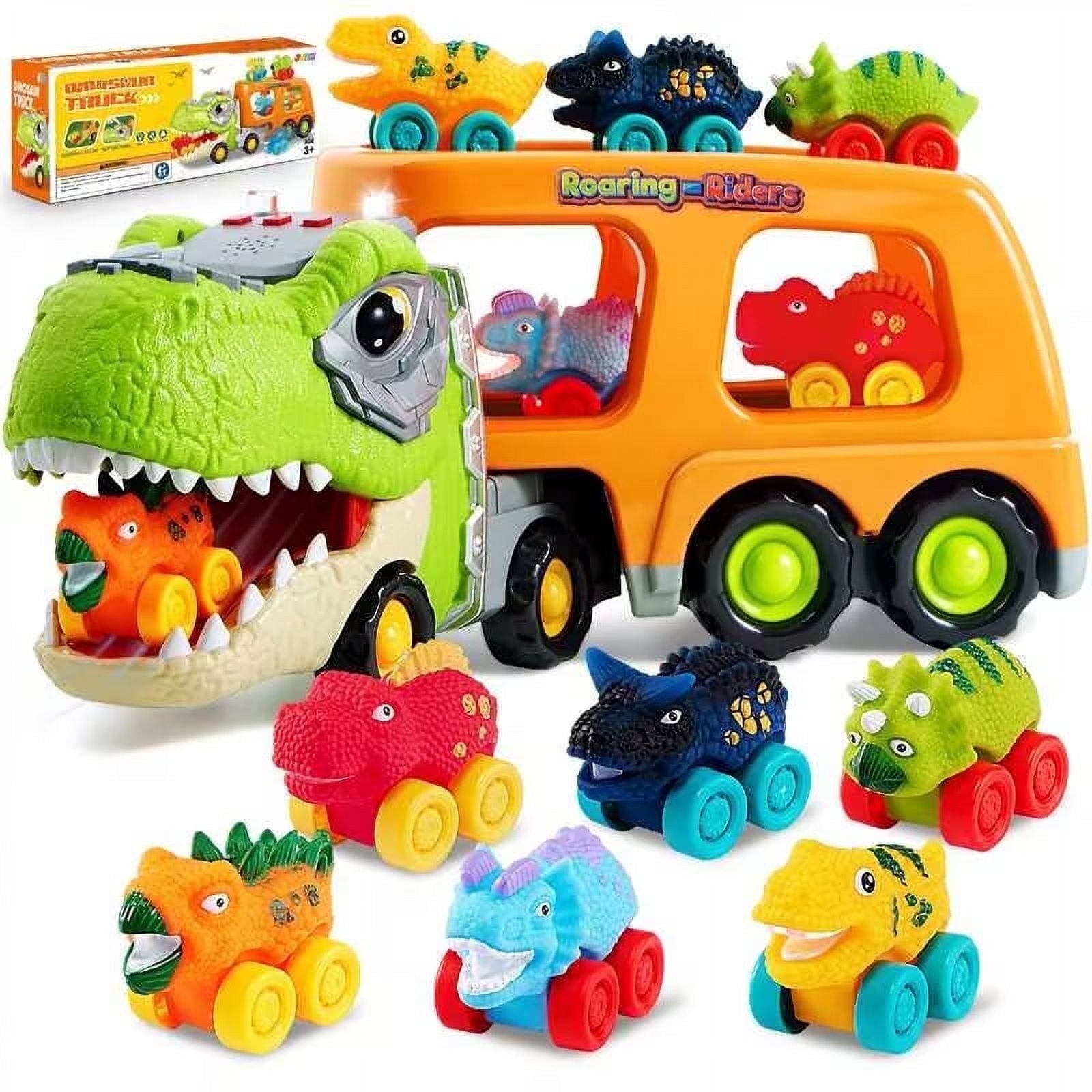 Joyfy Dinosaur Truck Toys with Music & Lights for Kids 2-4, Carrier Truck Toys with 6 Rubber Car Vehicles, Christmas Birthday Gifts for Toddler Boy 2 3 4 5 6