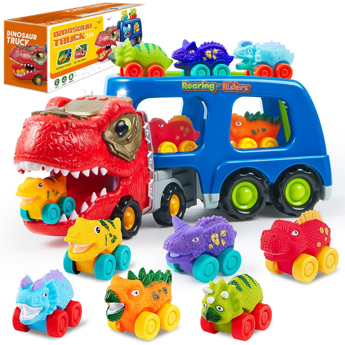 Joyfy Dinosaur Truck Toys with Music & Lights for Kids 2-4, Carrier Truck Toys with 6 Rubber Car Vehicles, Christmas Birthday Gifts for Toddler Boy 2 3 4 5 6