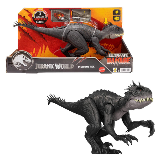 Jurassic World Ultimate Damage Scorpios Rex Dinosaur Toy Figure with Damage, Light & Sound Toy