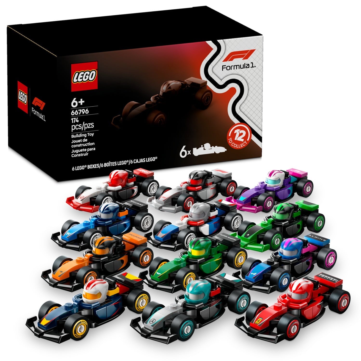 LEGO F1 Collectible Race Cars, 6 Pack - Building Set for Boys & Girls, Ages 6+ - Birthday Party Favor or Gift - Mystery Box W/ Surprise F1 Car Toys - Travel Toys for Kids - 66796