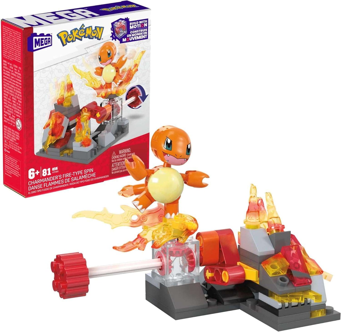 Mega Pokemon Action Figure Building Toys, Charmander's Fire-Type Spin with 81 Pieces, 1 Buildable Character and Turn Motion, for Kids