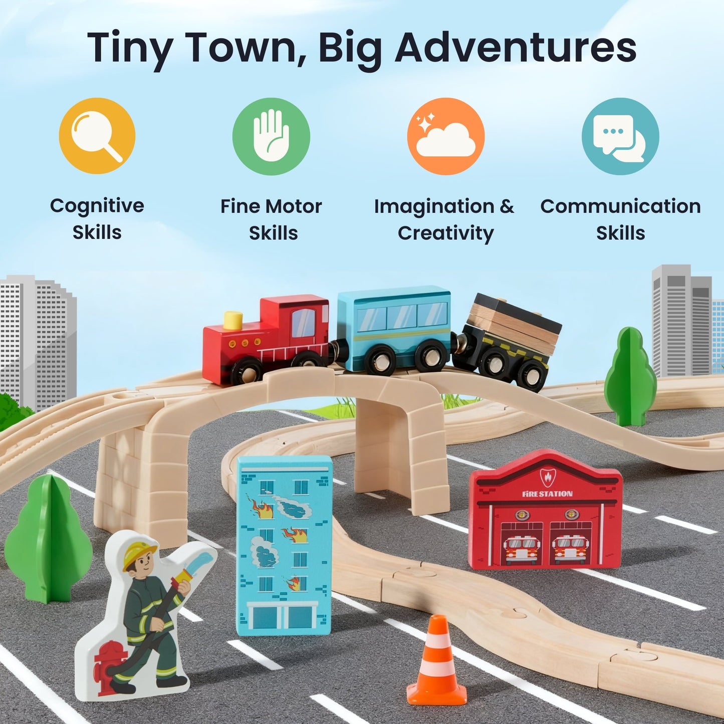 HELLOTINY Wooden Train Set for Toddlers, 36 Pcs with Wooden Tracks, Compatible with Major Brands, Train Toy for Kids Ages 3-5