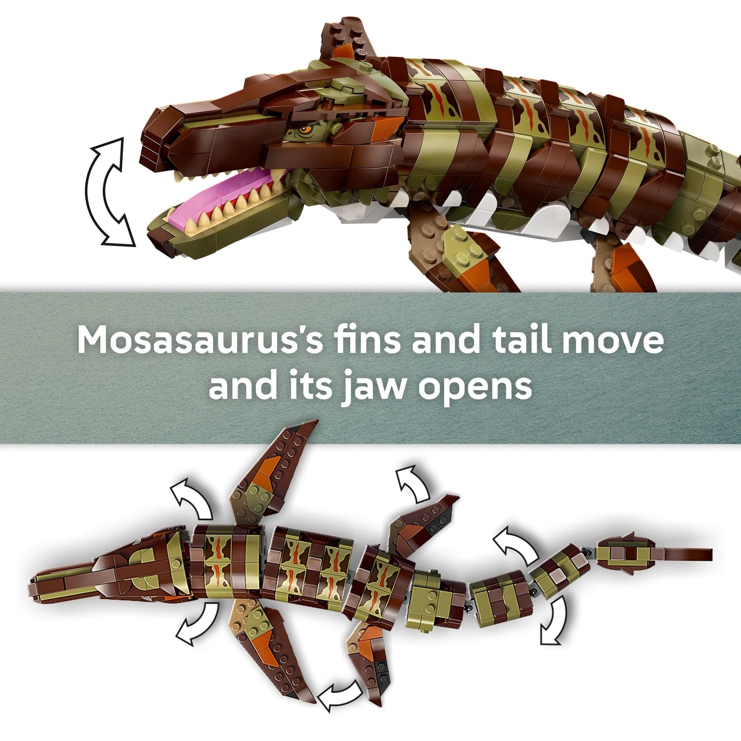 LEGO Jurassic World Brick-Built Mosasaurus Boat Mission Dinosaur Toy - Building Toy for Boys & Girls, Ages 9+ - Poseable Dinosaur plus LeClerc and Atwater Minifigures - Gift for Christmas - 76974