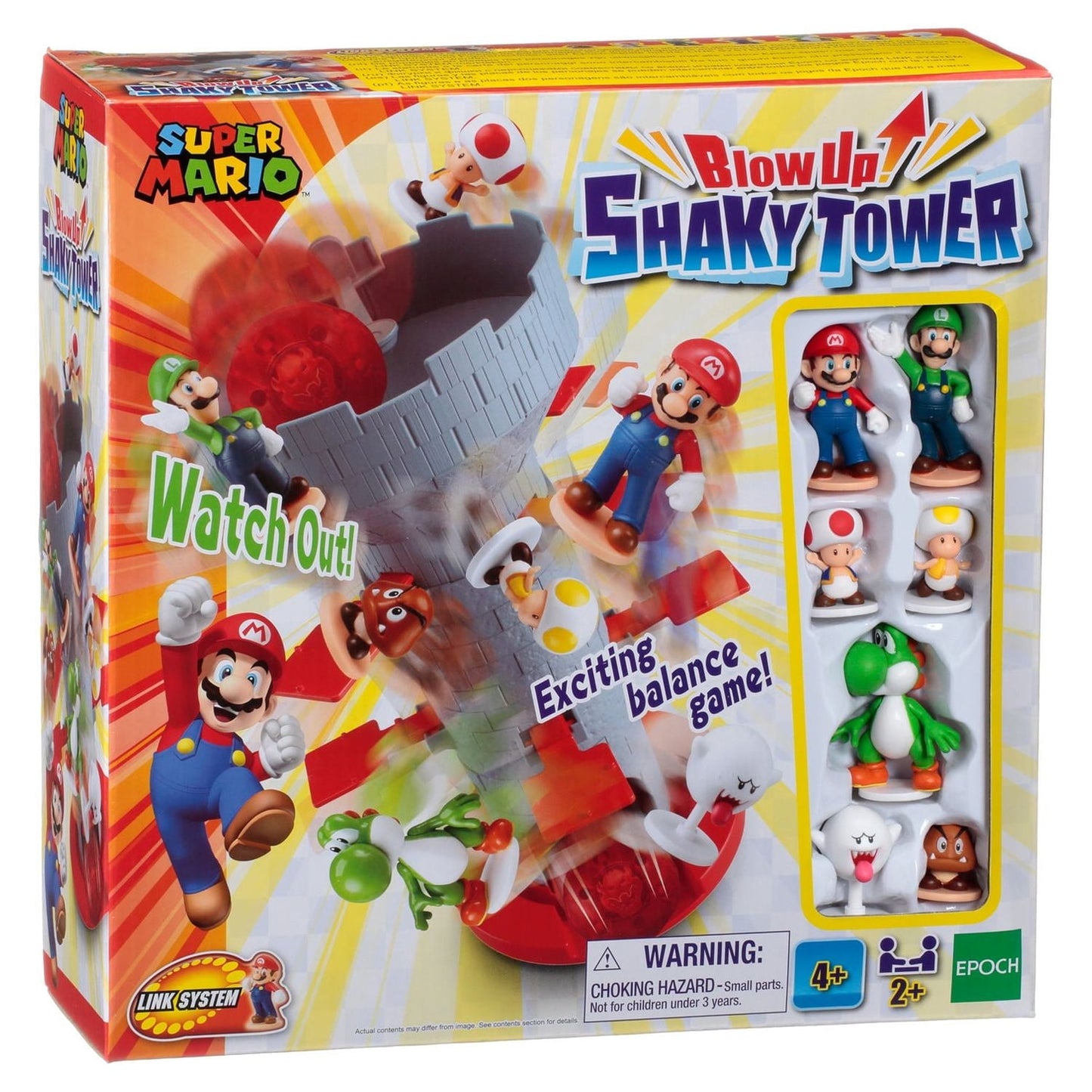 Epoch Games Super Mario Blow Up! Shaky Tower Balancing Game, Tabletop Skill and Action Game with Collectible Super Mario Action Figures