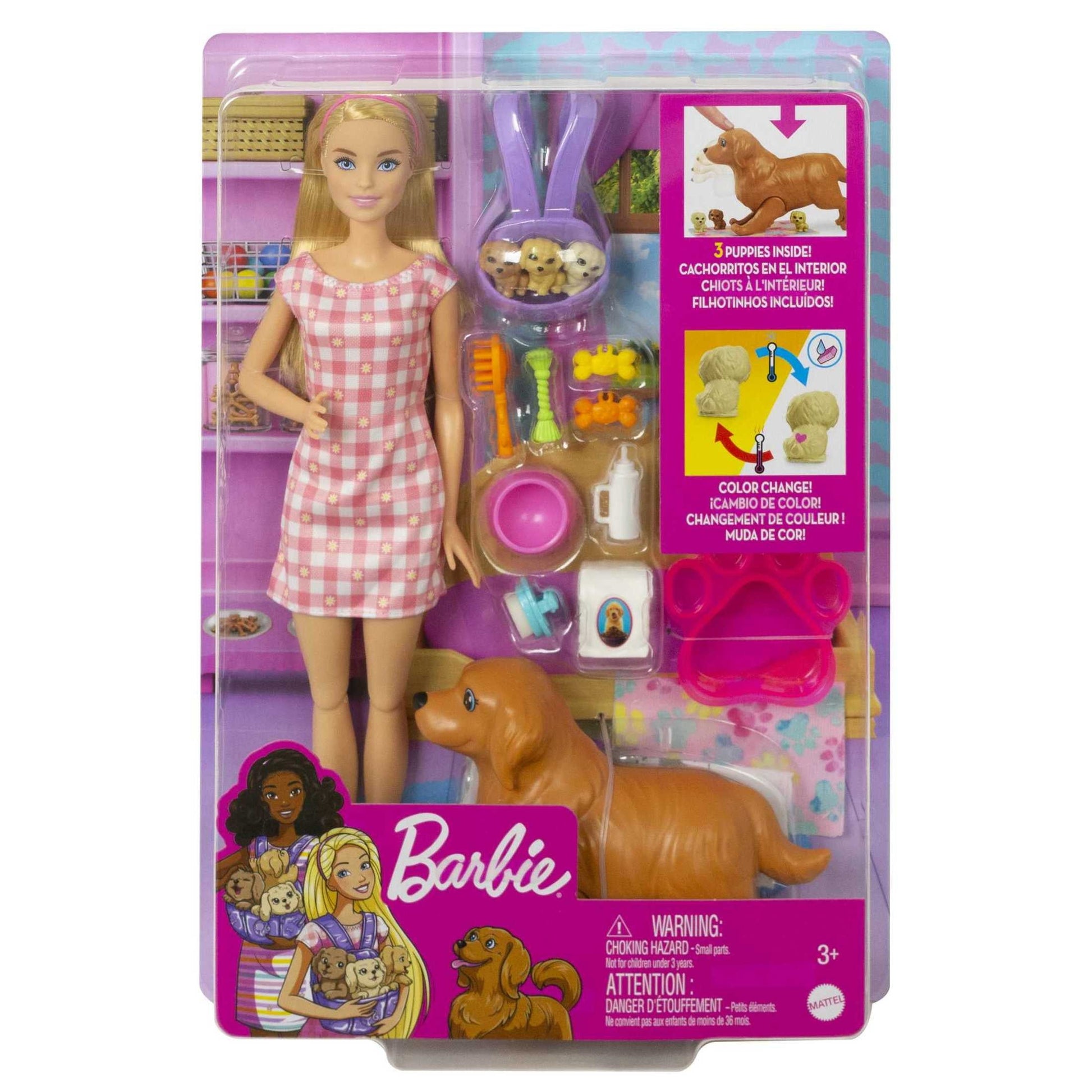 Barbie Doll & Newborn Pets Playset with Pregnant Mom Dog, Color-Change Puppies & Accessories, Blonde