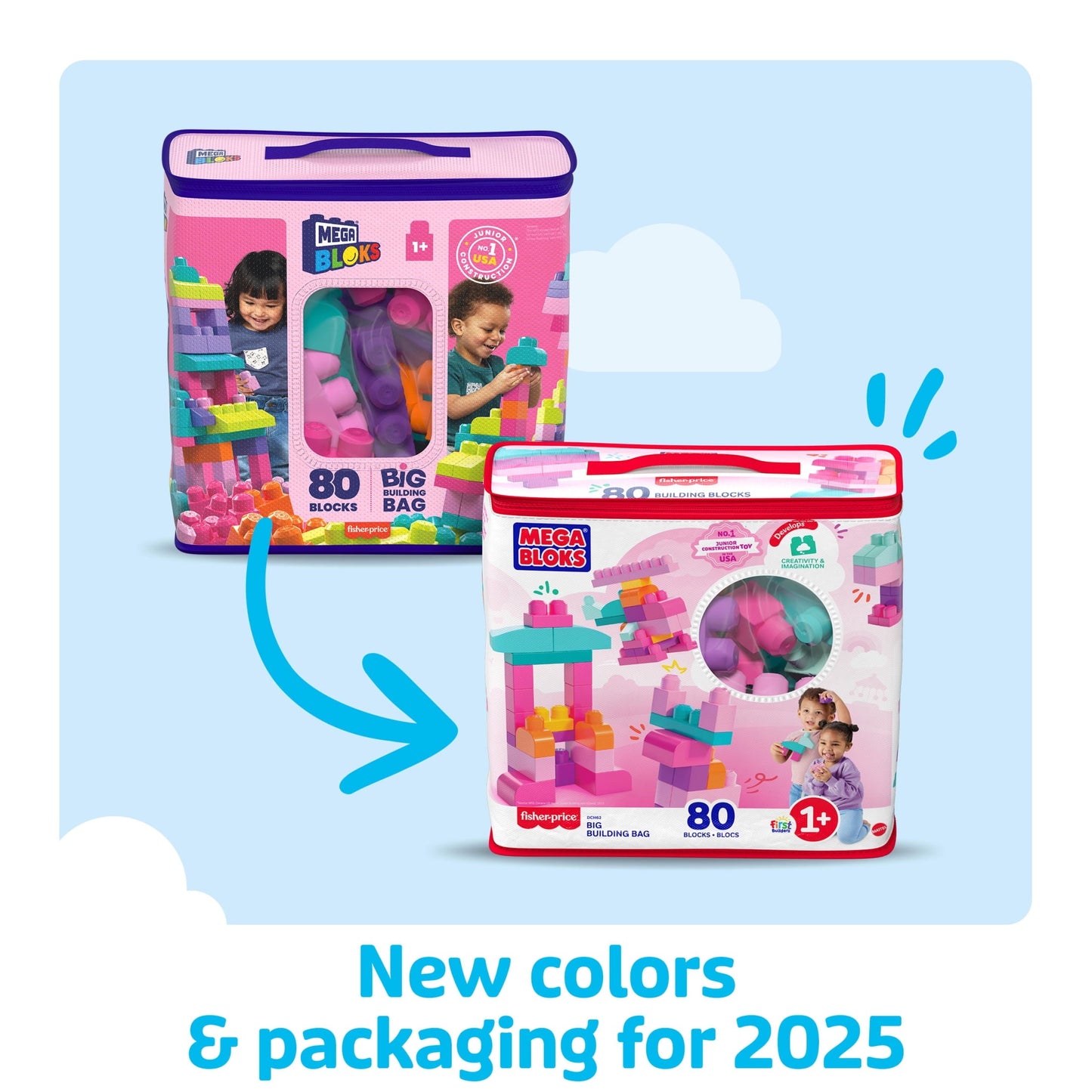 MEGA BLOKS Fisher-Price Toy Blocks Big Building Bag with Storage (80 Pieces) for Toddler, Pink