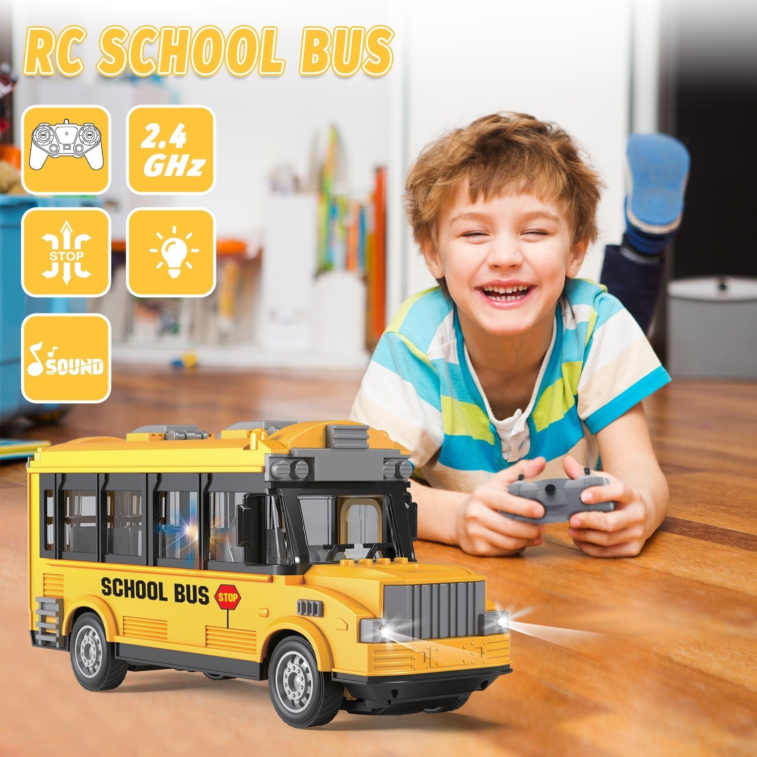 RC School Bus Toy, 1/30 Remote Control Car Vehicles, 4 Channel City Classic Bus Toy Electronic Vehicles Opening Door for Toddlers with Lights, Gifts for Kids Boys Girls Age 3-12