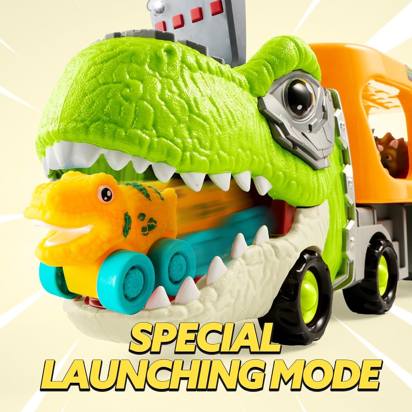 Joyfy Dinosaur Truck Toys with Music & Lights for Kids 2-4, Carrier Truck Toys with 6 Rubber Car Vehicles, Christmas Birthday Gifts for Toddler Boy 2 3 4 5 6