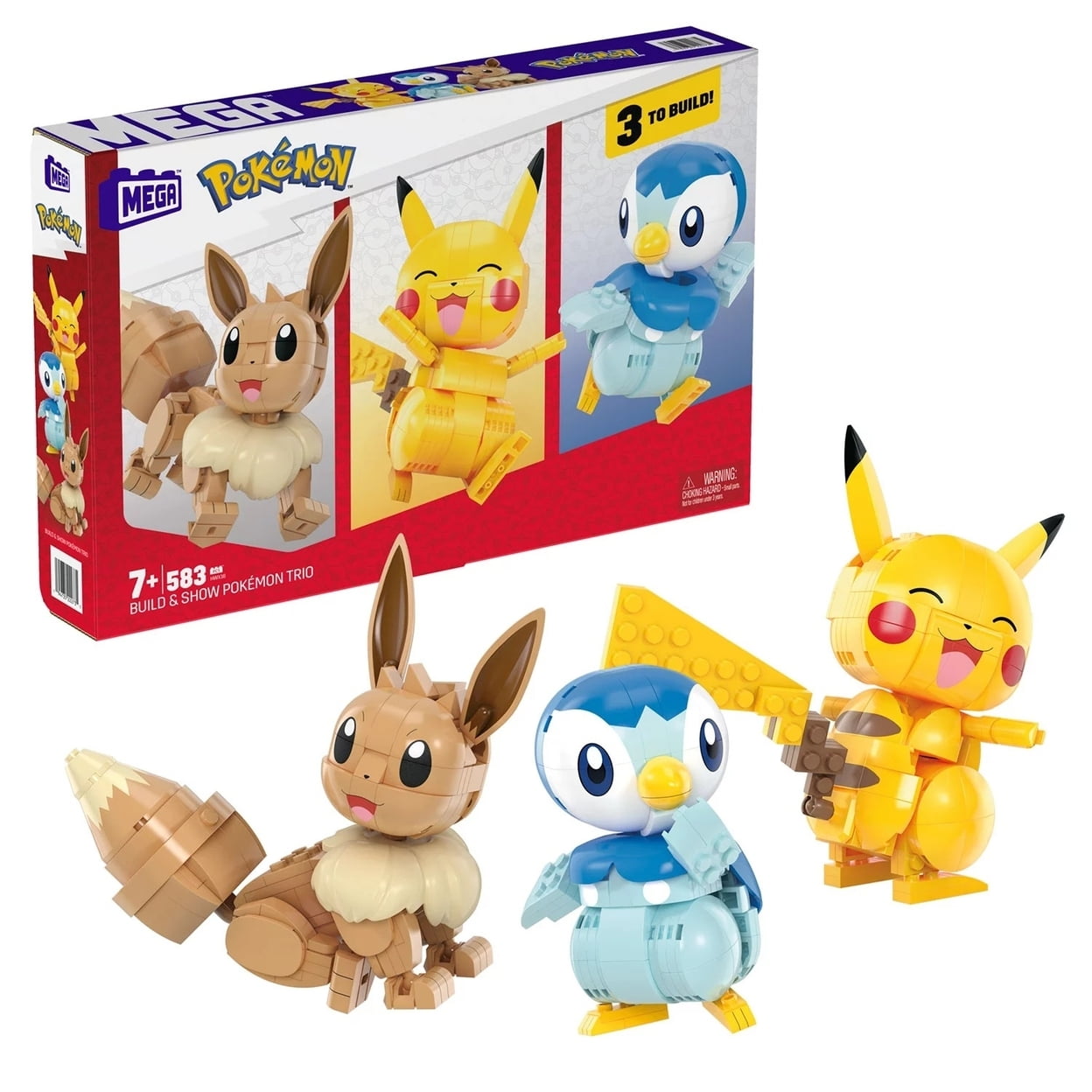 Pokemon Mega Construx Trio, 583-Piece Building Set, Pikachu Eevee Piplup Figures, 4" Tall