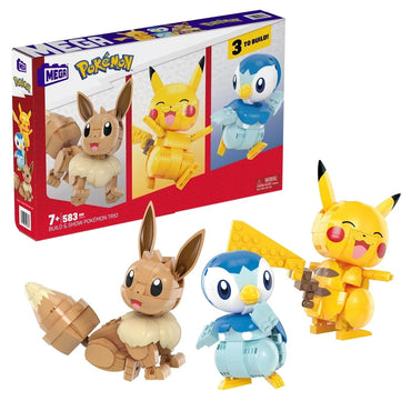 Pokemon Mega Construx Trio, 583-Piece Building Set, Pikachu Eevee Piplup Figures, 4" Tall