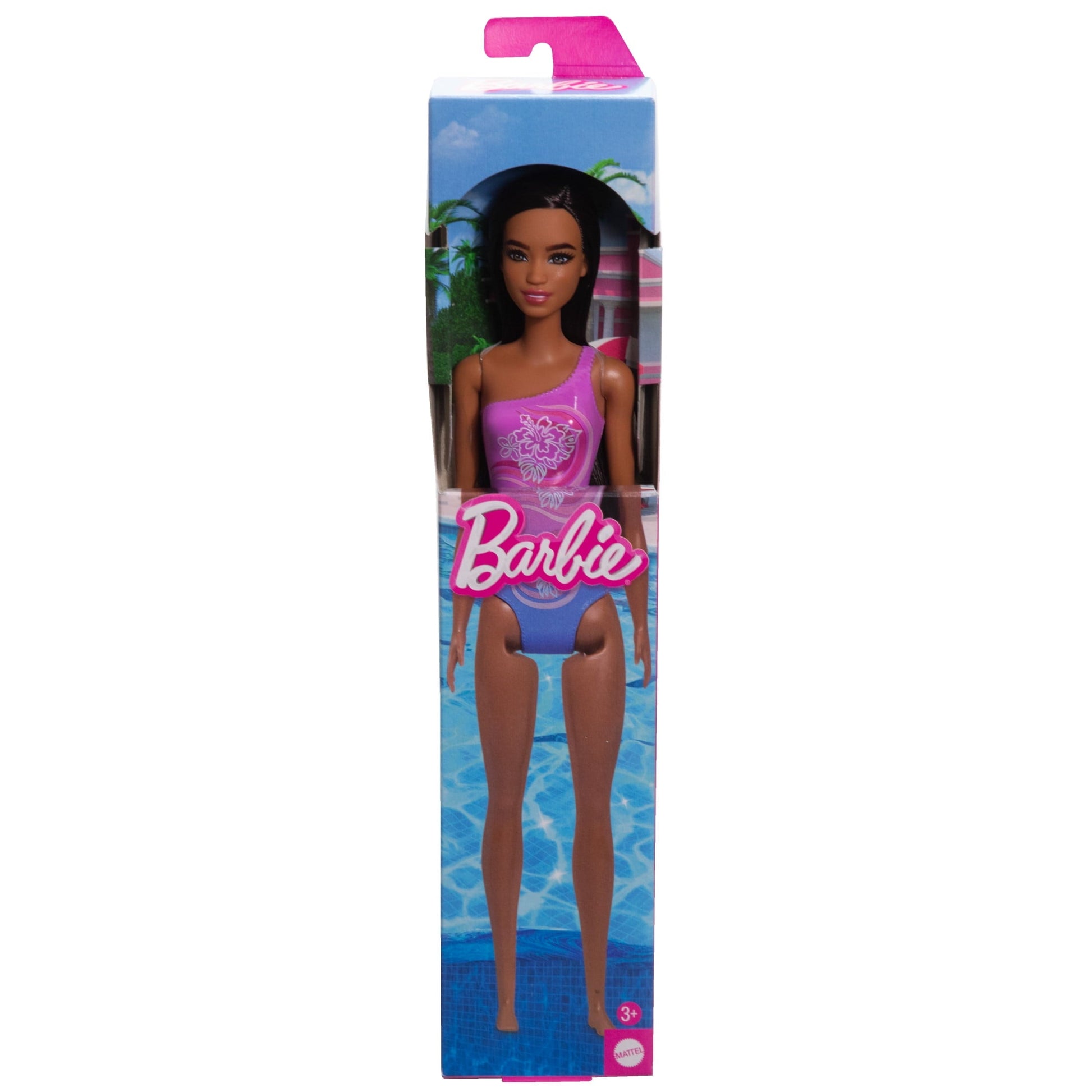 Beach Barbie Doll with Dark Brown Hair Wearing Tropical Purple One-Piece Swimsuit