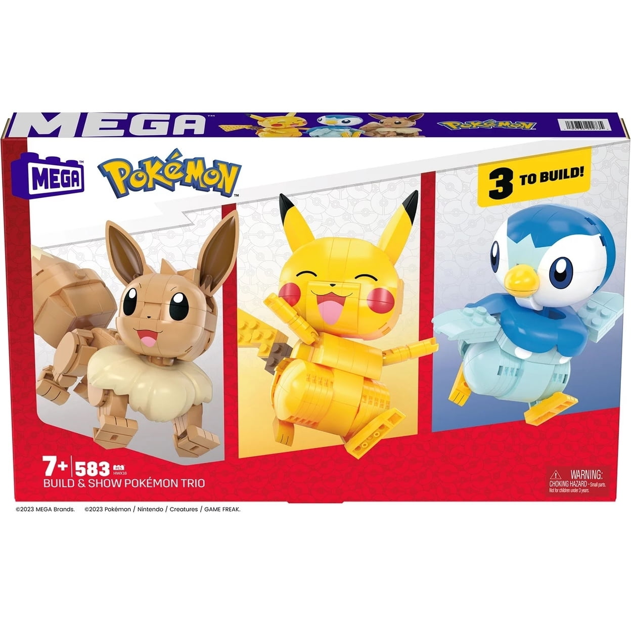Pokemon Mega Construx Trio, 583-Piece Building Set, Pikachu Eevee Piplup Figures, 4" Tall