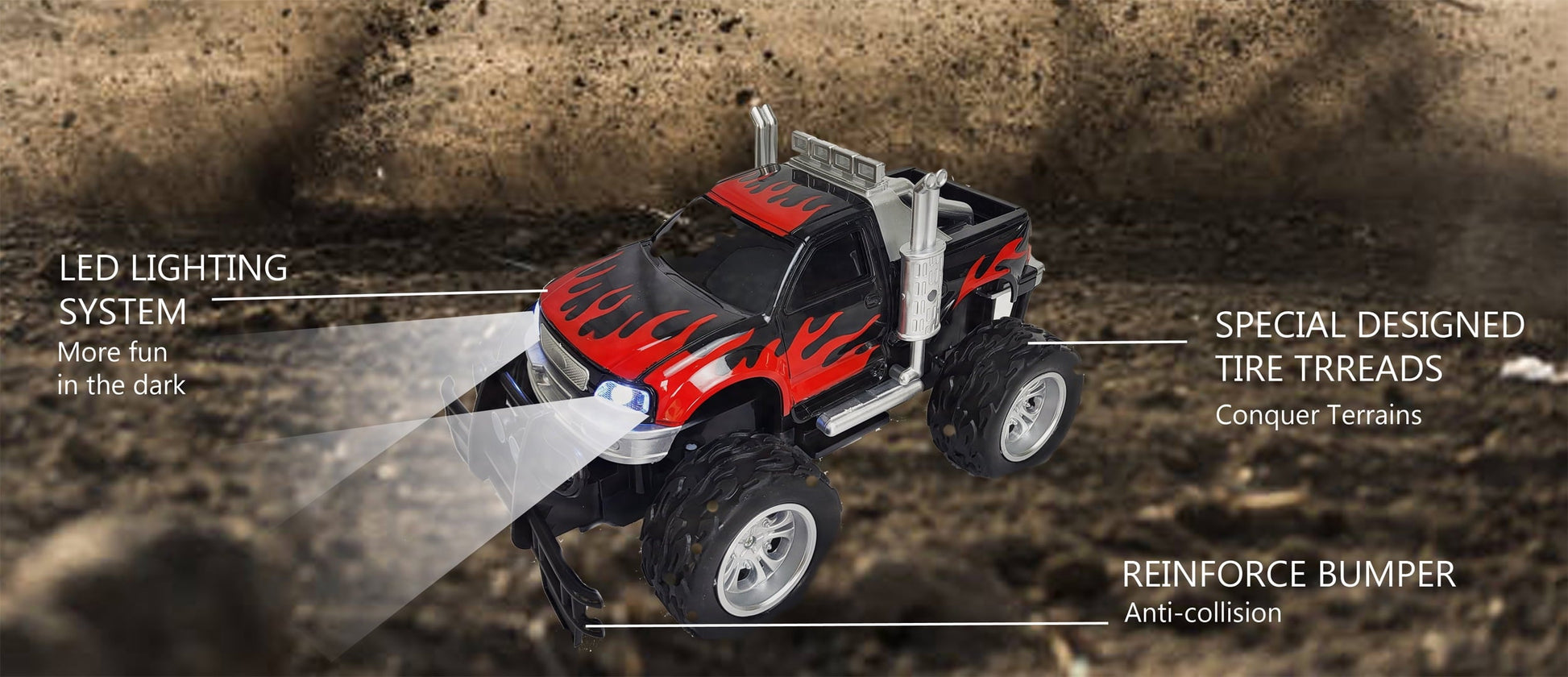 Remote Control Big Wheel Beast Monster Truck Pickup Toy Vehicle 1:16 Scale with Headlights RC Off Road Truck Toy Gift for Boys Kids