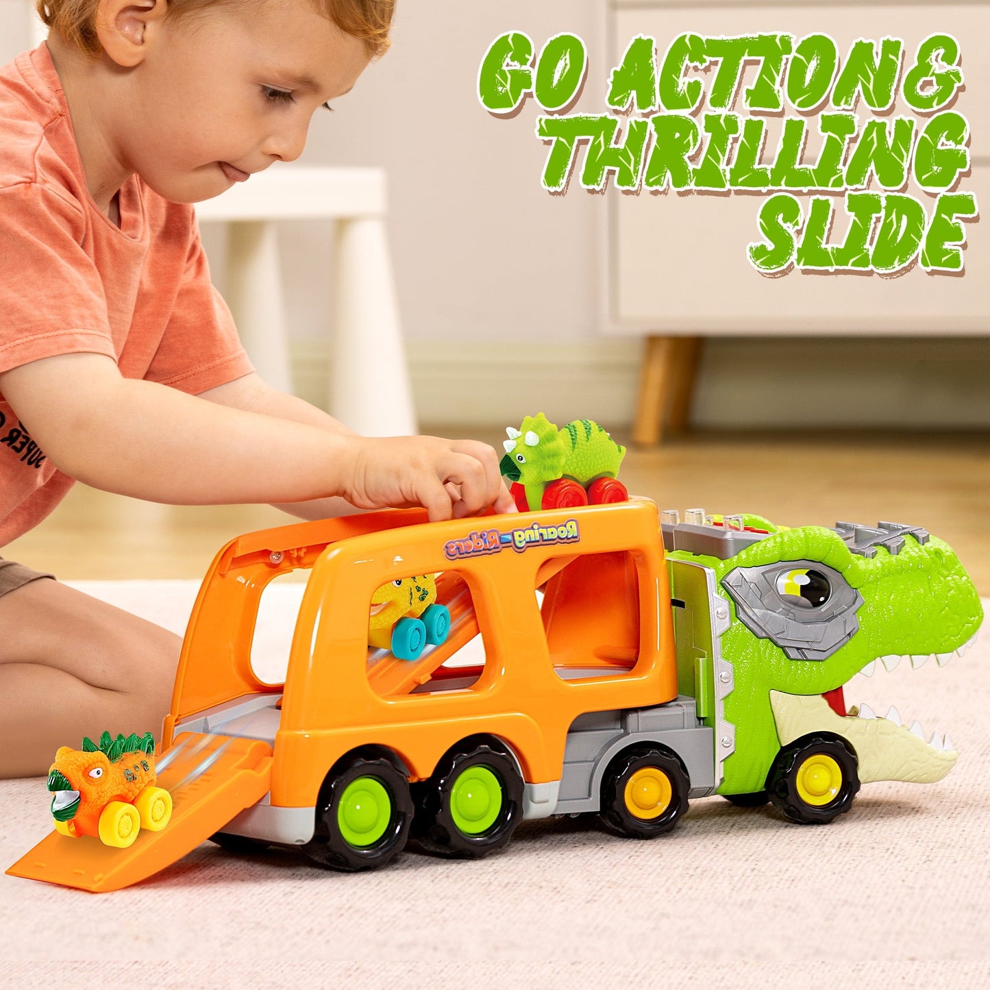 Joyfy Dinosaur Truck Toys with Music & Lights for Kids 2-4, Carrier Truck Toys with 6 Rubber Car Vehicles, Christmas Birthday Gifts for Toddler Boy 2 3 4 5 6