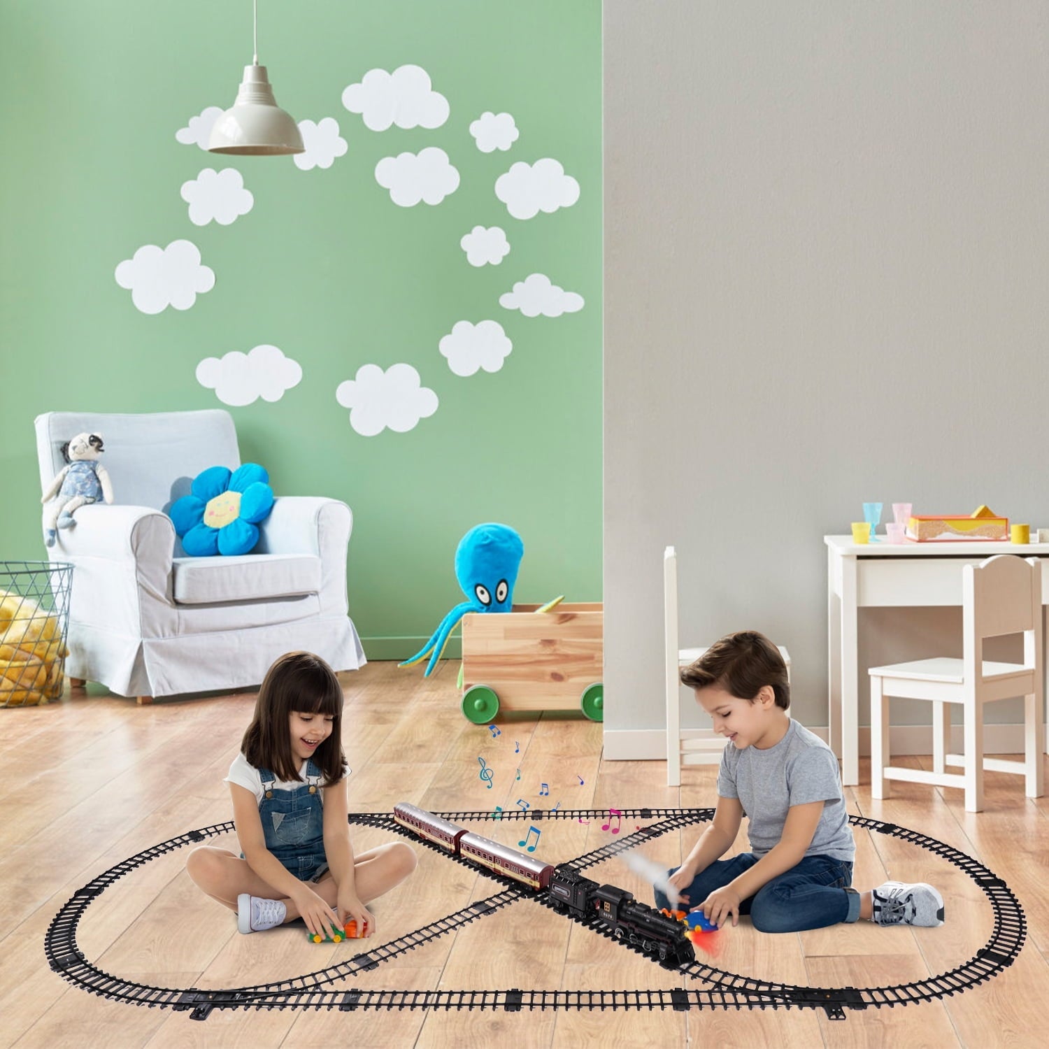 Train Set with Remote Control, AUOSHI Electric Train Track W/Cargo Vehicle, Light & Sounds, Plastic Steam Locomotive Engine Train Toy Educational Gift for 5 6 7 8+ Years Old Boys Girls