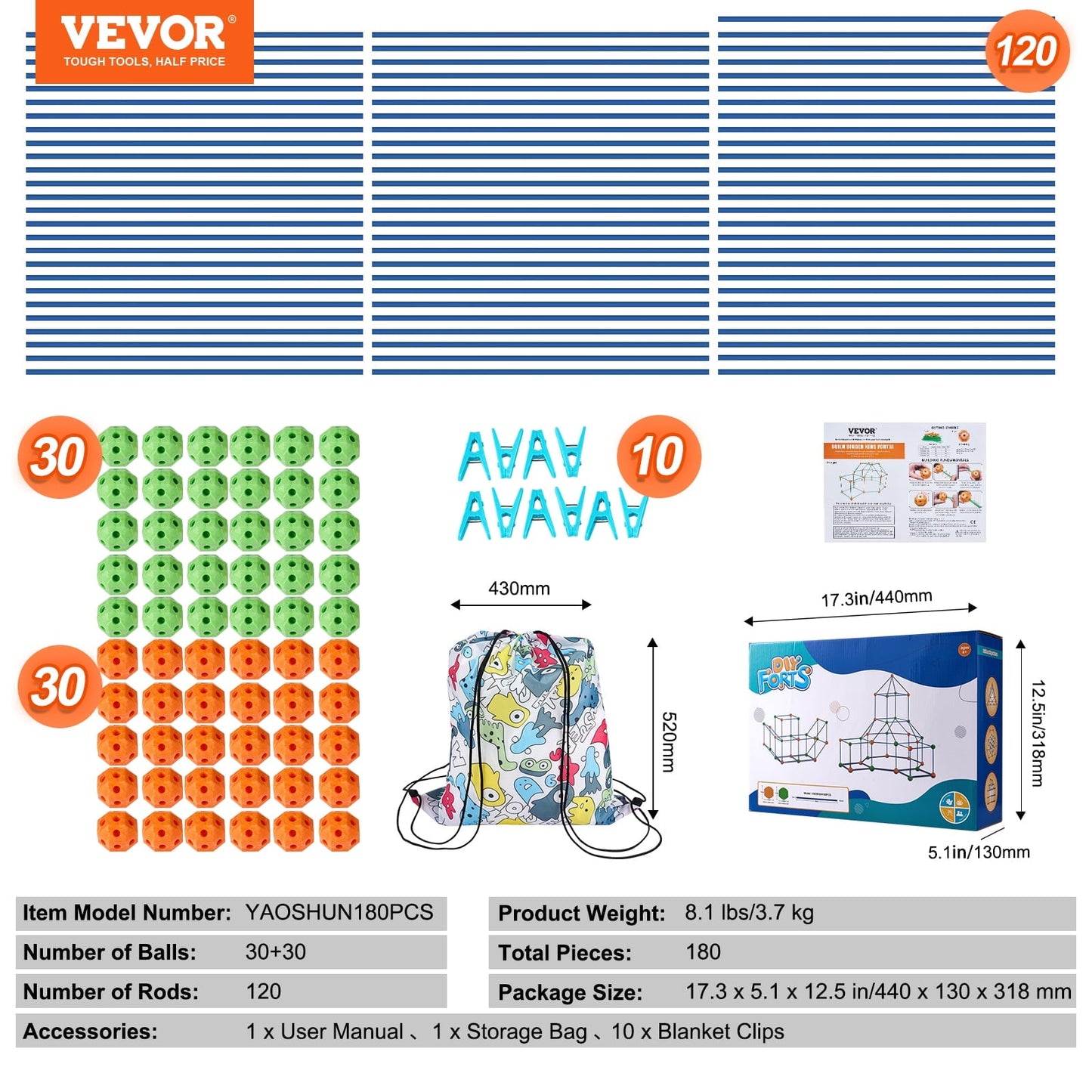 VEVOR Fort Building Kit for Kids, 180PCS STEM Building Toys, Educational Gift for 4 5 6 7 8+ Year Old Boys & Girls, Indoor Outdoor Play Tent Builder Set Construction Toys with 120 Rods and 60 Balls