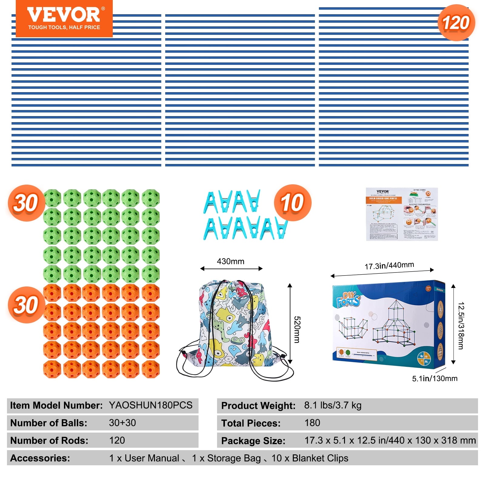 VEVOR Fort Building Kit for Kids, 180PCS STEM Building Toys, Educational Gift for 4 5 6 7 8+ Year Old Boys & Girls, Indoor Outdoor Play Tent Builder Set Construction Toys with 120 Rods and 60 Balls