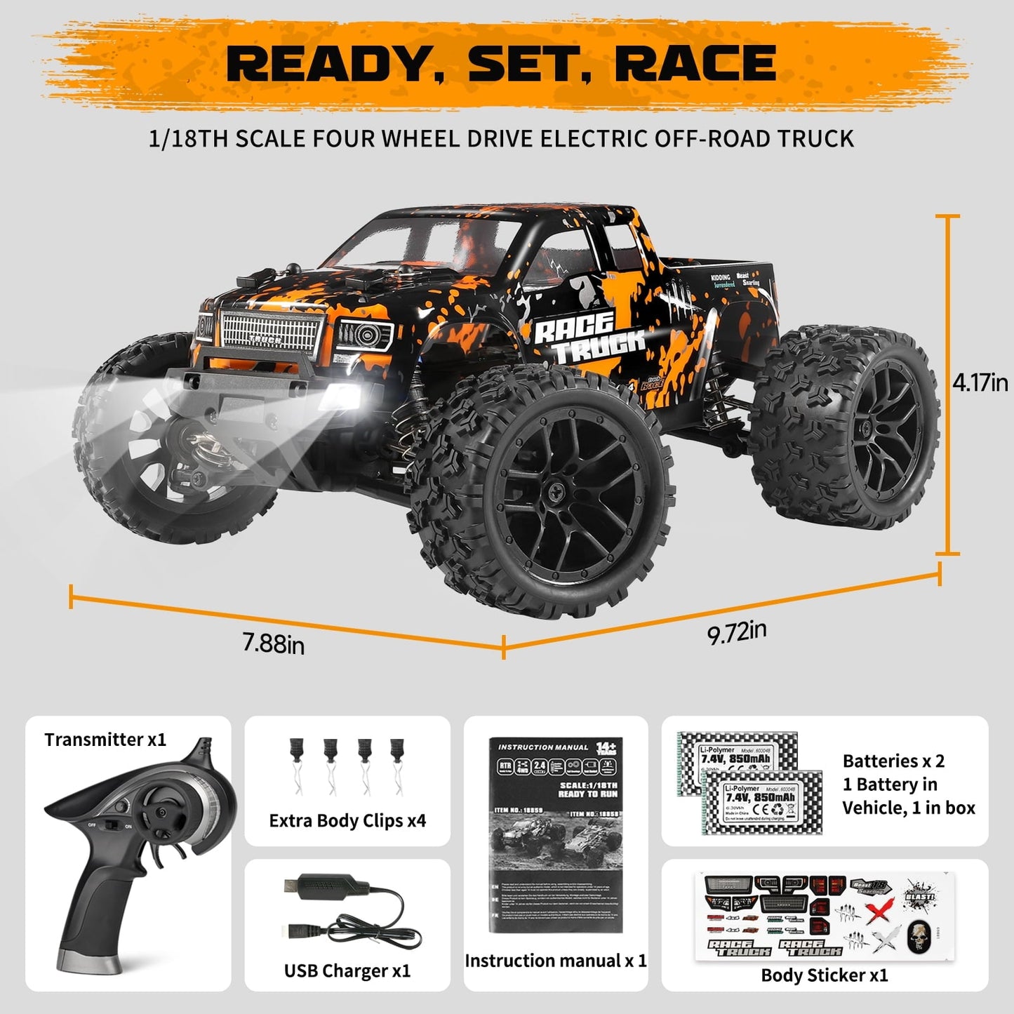 HAIBOXING 1:18 Remote Control Truck 18859 - Fast RC Car for Adults and Kids, 4x4 Waterproof Off-Road Monster Truck for Boys - Includes 2 Batteries