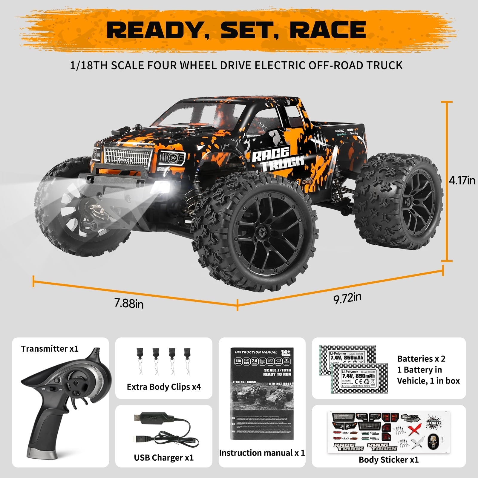 HAIBOXING 1:18 Remote Control Truck 18859 - Fast RC Car for Adults and Kids, 4x4 Waterproof Off-Road Monster Truck for Boys - Includes 2 Batteries