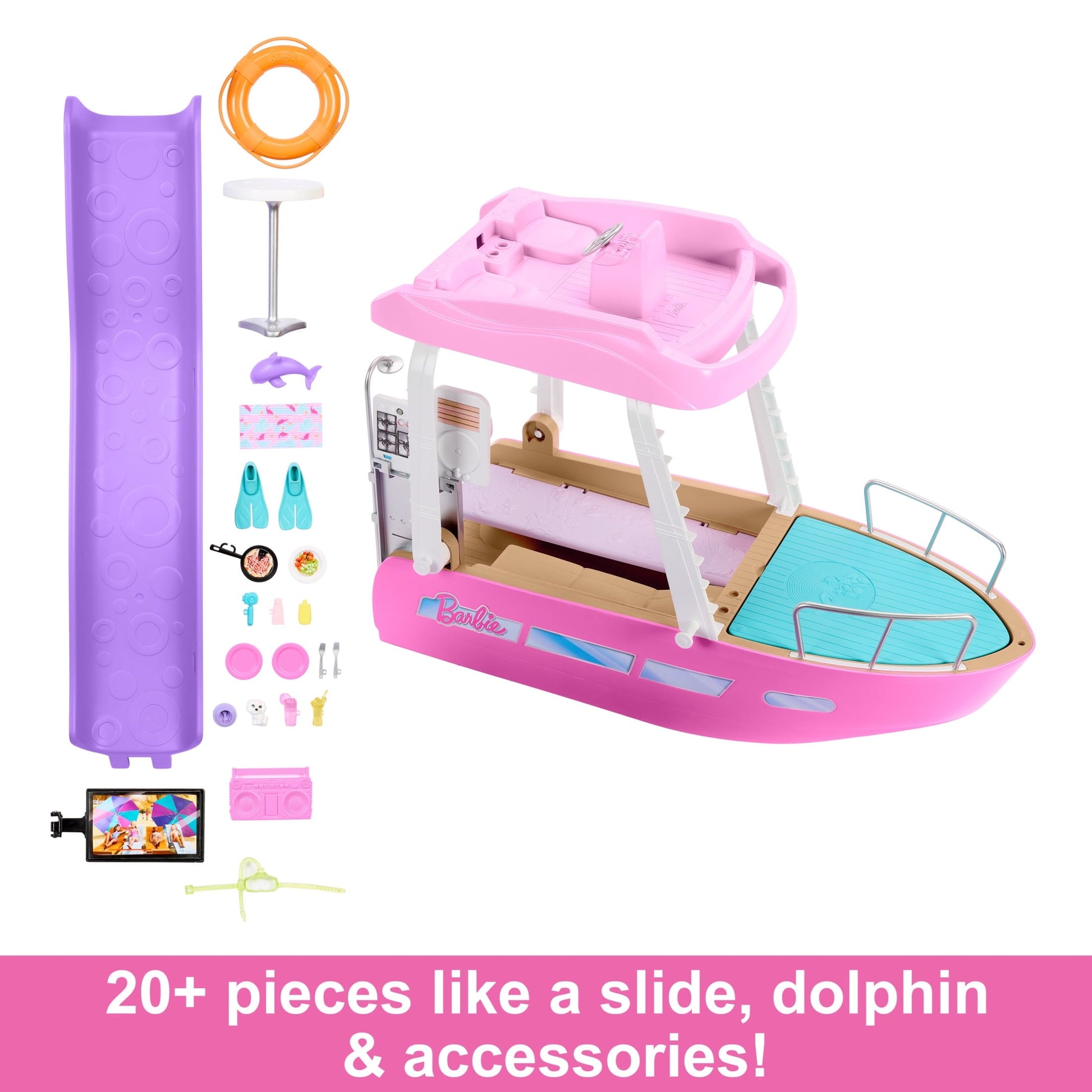 Barbie Dream Boat Playset with 20+ Accessories Including Dolphin, Pool and Slide, Multicolor