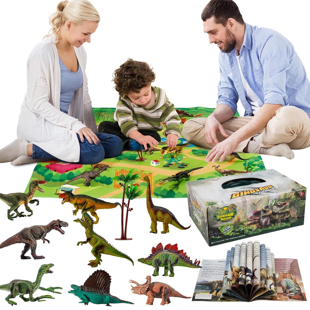 Dinosaur Toys with Play Mat & Trees for Toddlers, Realistic Jurassic Dinosaur Figures to Create a Dino World Includes 9 Kinds of Dinosaurs, Gift for Toddlers Boys & Girls (Age 3+)