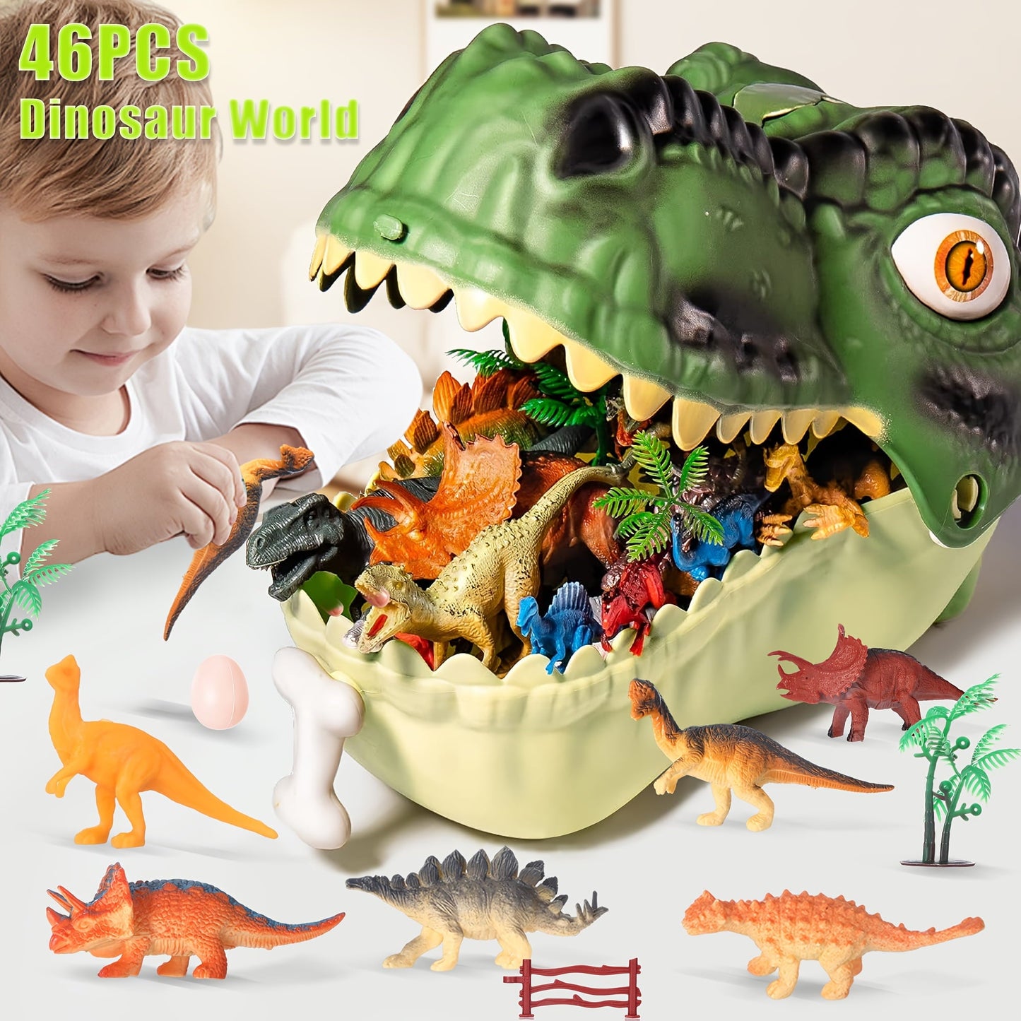 Dinosaur Toys for Kids 3-8 | 46PCS Kids Dinosaur Toys Playset with Realistic Jurassic Dinosaurs, Trees, Eggs & Fence – Educational Dino Toys for Toddler Boys & Girls