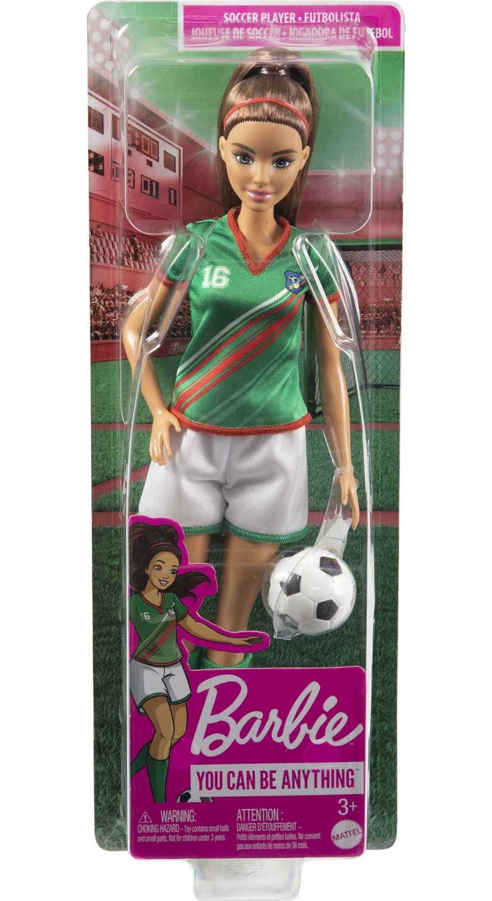Barbie Soccer Fashion Doll Dressed in Cleats, Colorful #16 Uniform & Tall Socks, Brunette Ponytail
