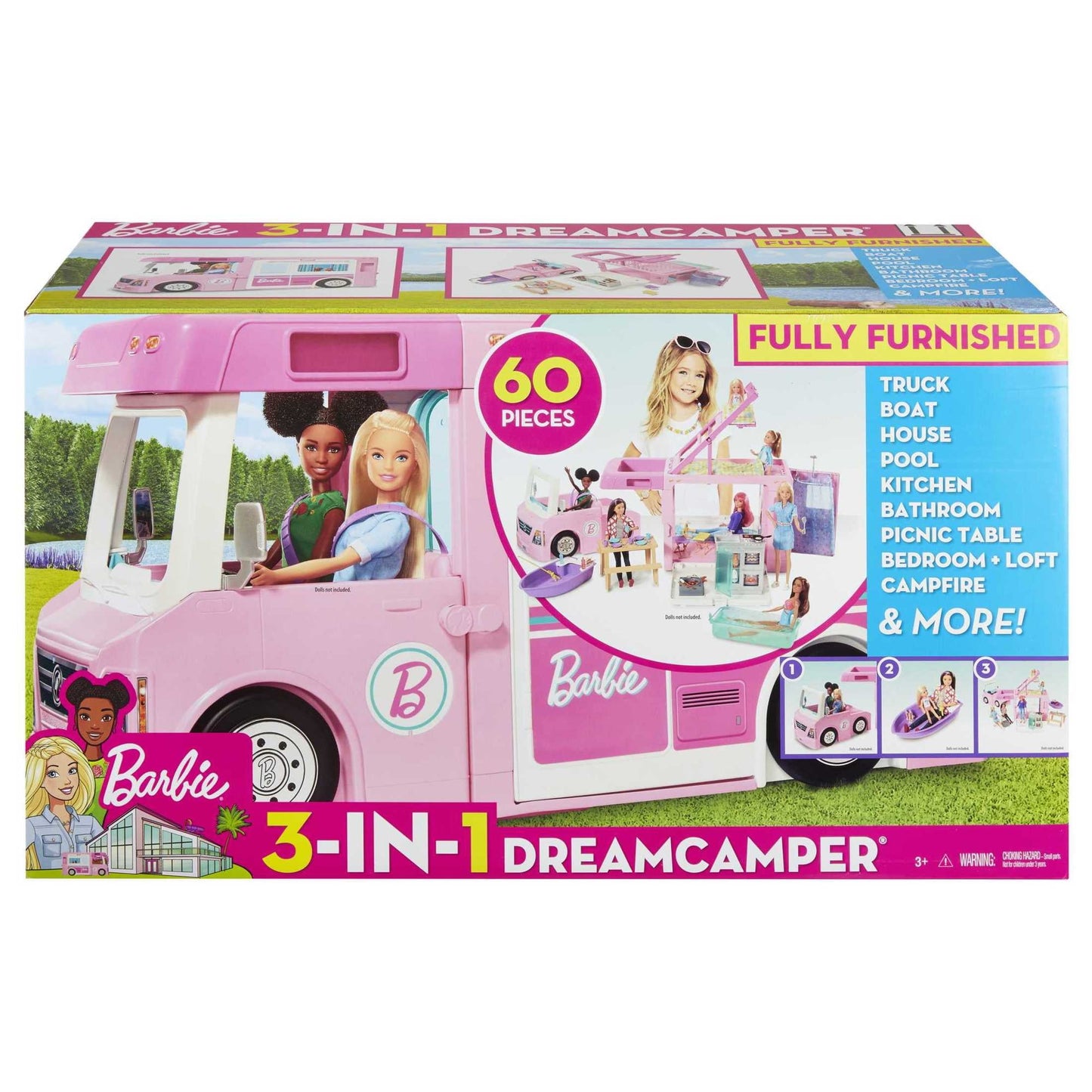 Barbie 3-in-1 DreamCamper Playset (Truck, Boat and House) with Pool and 50 Accessories