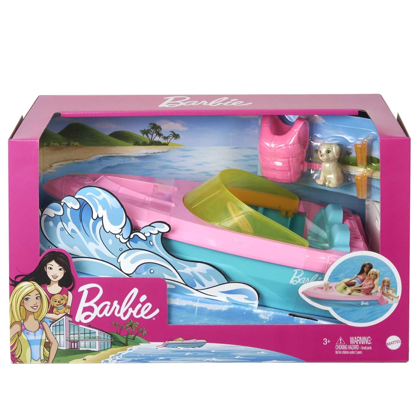 Barbie Toy Boat Set with Puppy, Life Vest and Beverage Accessories, Floats in Water (Seats 3 Dolls)