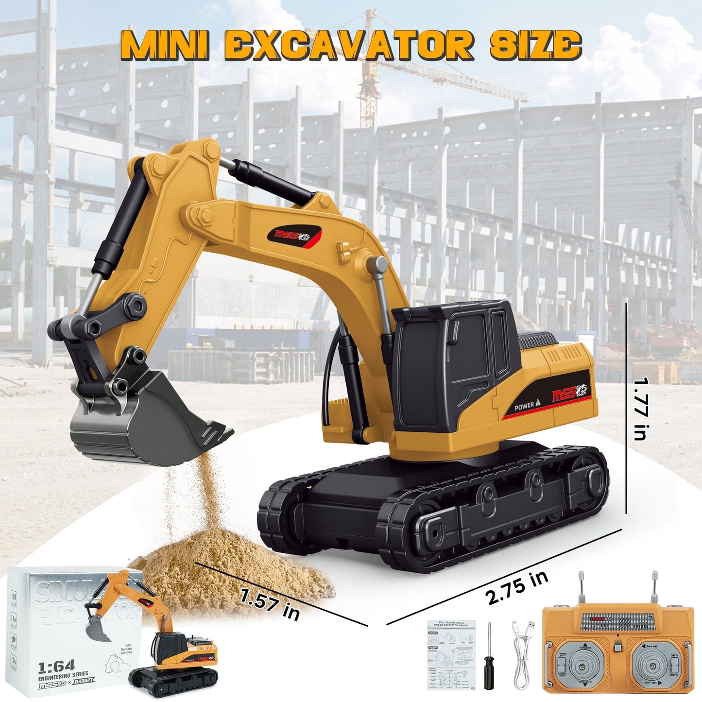 BRRRRT 1/64 Mini Remote Control Excavator, 2.4Ghz Remote Control Construction Vehicles with Metal Shovel, RC Excavator Birthday Gifts for Boys and Girls Age 3+