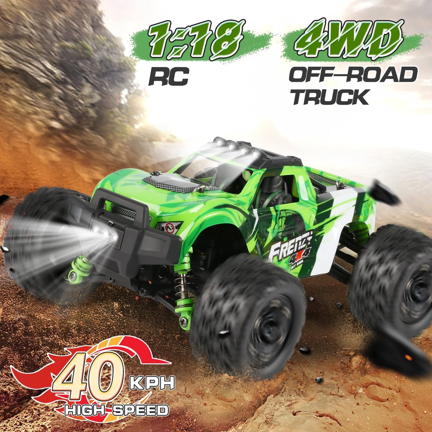 Beefunni RC Car 1:18 All Terrain, 40 MPH High Speed 4WD Off-Road RC Trucks, with 2.4 GHz Remote Control, 4X4 Waterproof Monster Truck with 2 Rechargeable Batteries, Toys Gifts for Boys Kids Adults