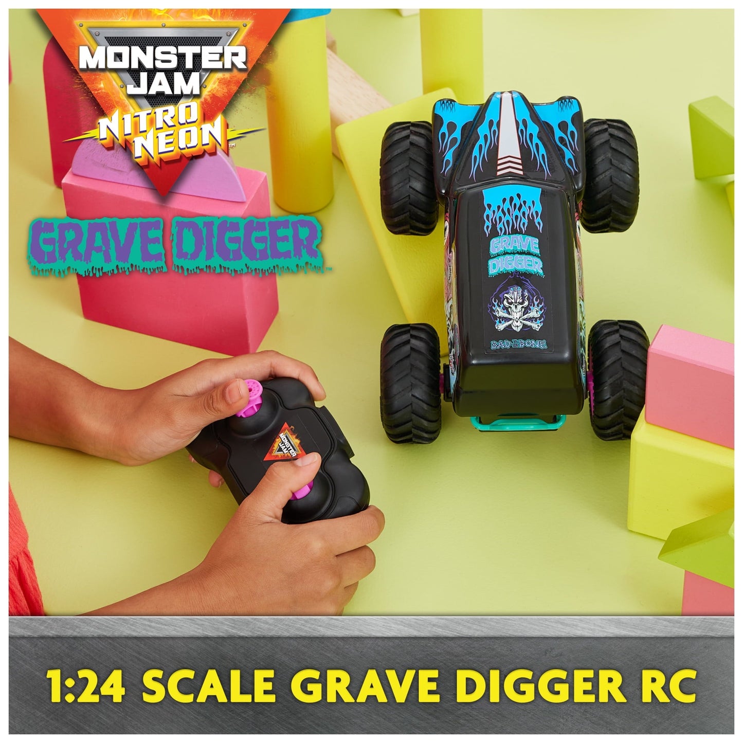 Monster Jam, Grave Digger Remote Control Monster Truck, 1:24 Scale, Nitro Neon Themed