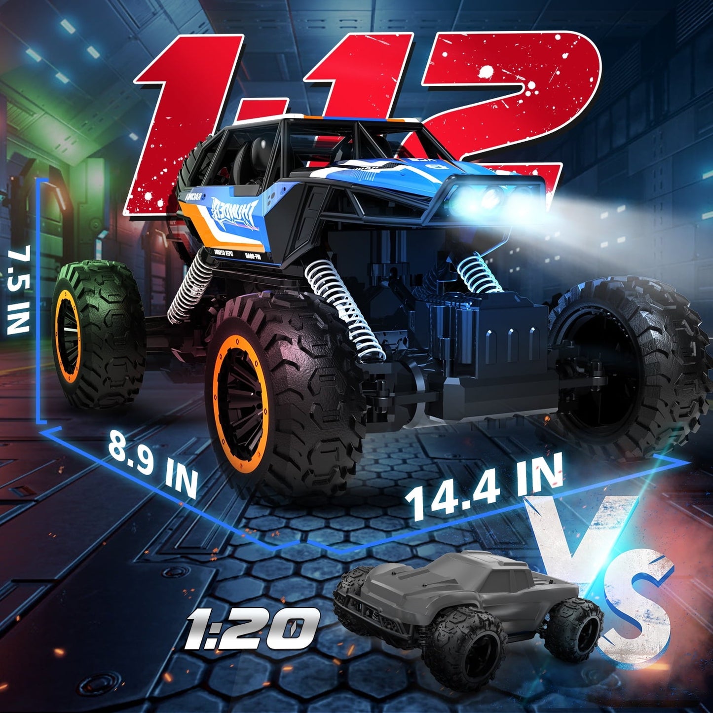 JoyStone 1:12 RC Cars 4WD Off-Road 2.4Ghz RC Monster Truck with Metal Shell and Light, Remote Control Car Crawler for Adult and Kid, 2 Batteries, Dark Blue