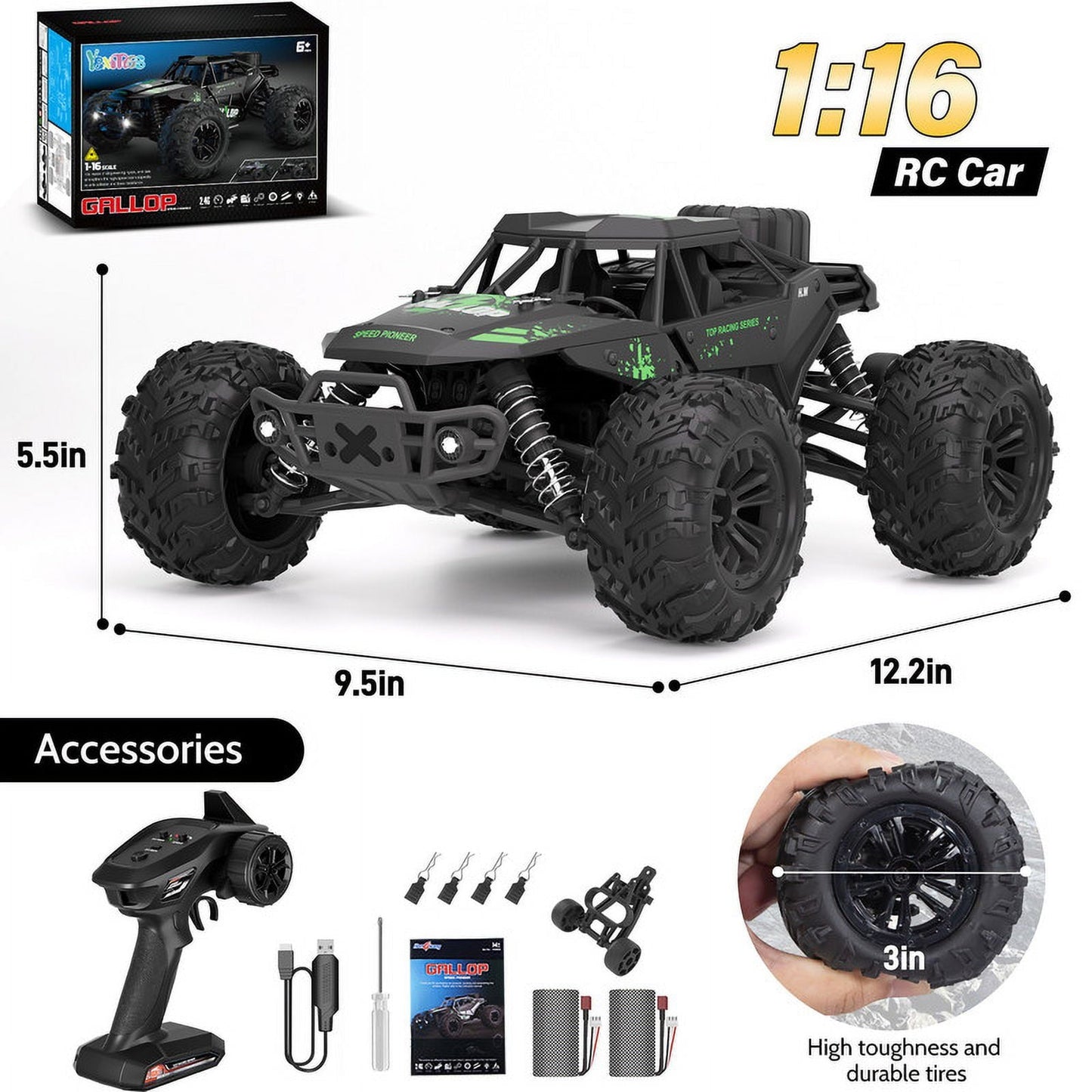Yexmas 1:16 Scale Fast Large RC Car,40+KM/H All Terrain High Speed Remote Control Car, 4x4 RC Monster Truck with 60 Min Runtime,2 Batteries,Gifts Toys for Kids & Adults,Black