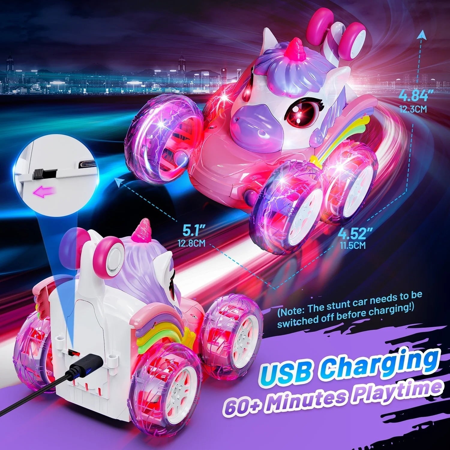 HopeRock Unicorn Toys for Girls Ages 3-6 Years, Remote Control Stunt Car with LED Lights, 2.4GHz RC Car for 3-6 Year Old Girls, Christmas Birthday Gift for Toddlers 3-6.