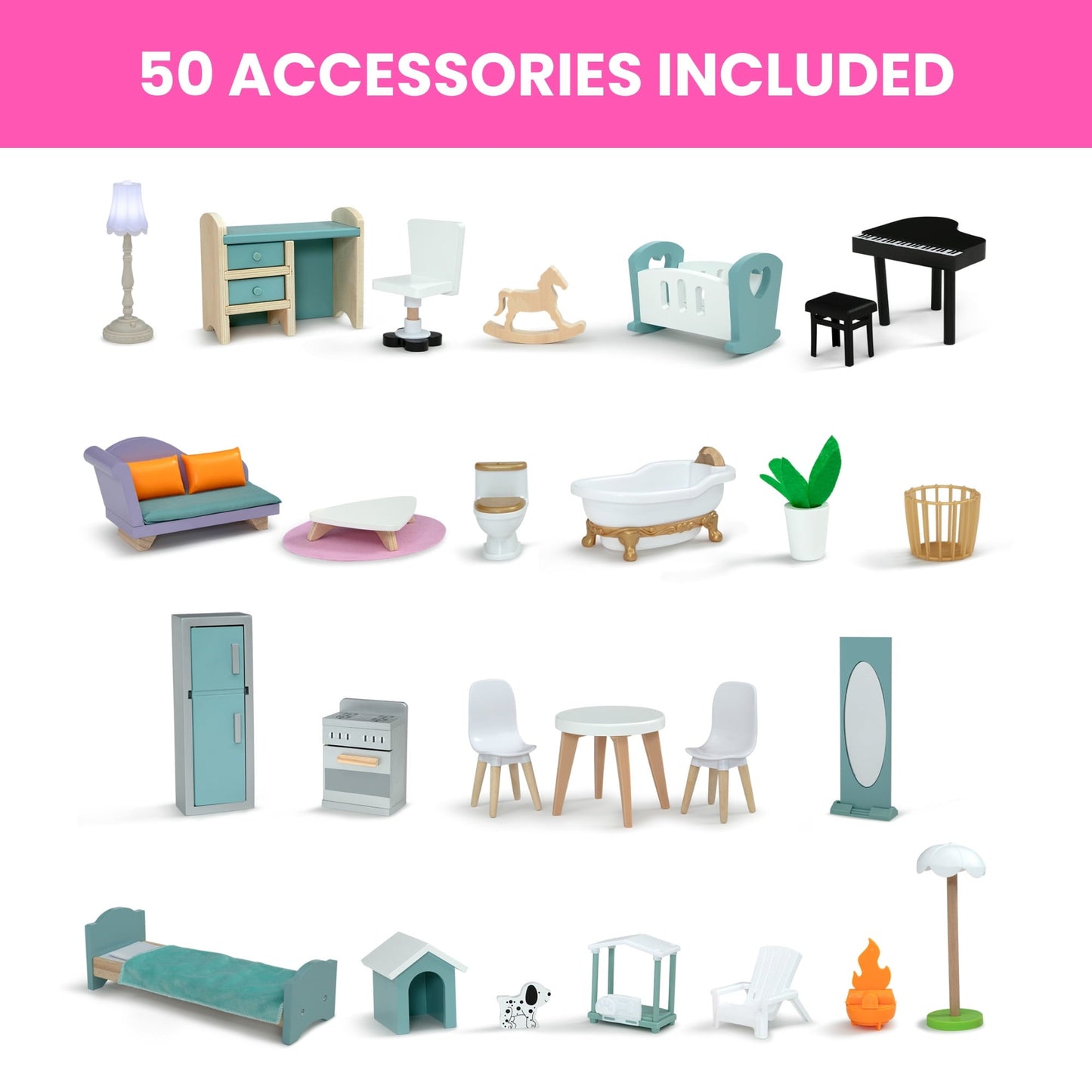 Delta Children Deluxe Maui Dollhouse with 50 Accessories - Large Wooden 4-Story Dollhouse with 12 Rooms - Working Elevator, Slide, Lights/Sounds - Fits 12-inch Dolls - Pretend Play Gift for Ages 3+