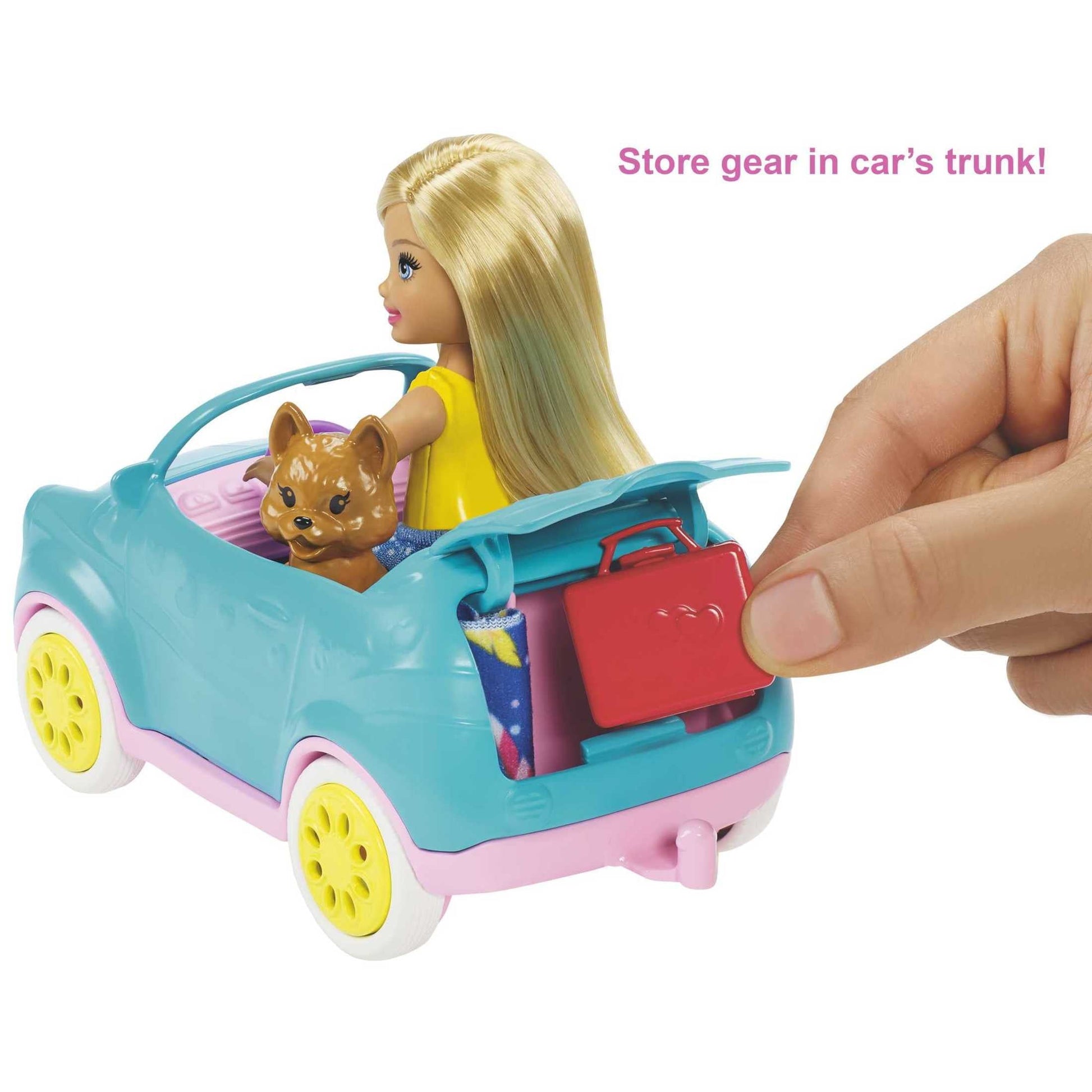 Barbie Club Chelsea Pink Camper Playset, Blonde Small Doll, Pet, Car & 10+ Accessories, Toy for 3 Years and Up