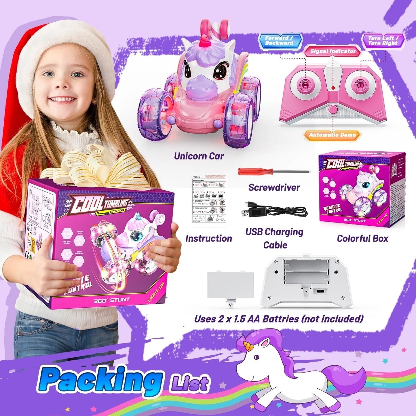 HopeRock Unicorn Toys for Girls Ages 3-6 Years, Remote Control Stunt Car with LED Lights, 2.4GHz RC Car for 3-6 Year Old Girls, Christmas Birthday Gift for Toddlers 3-6.