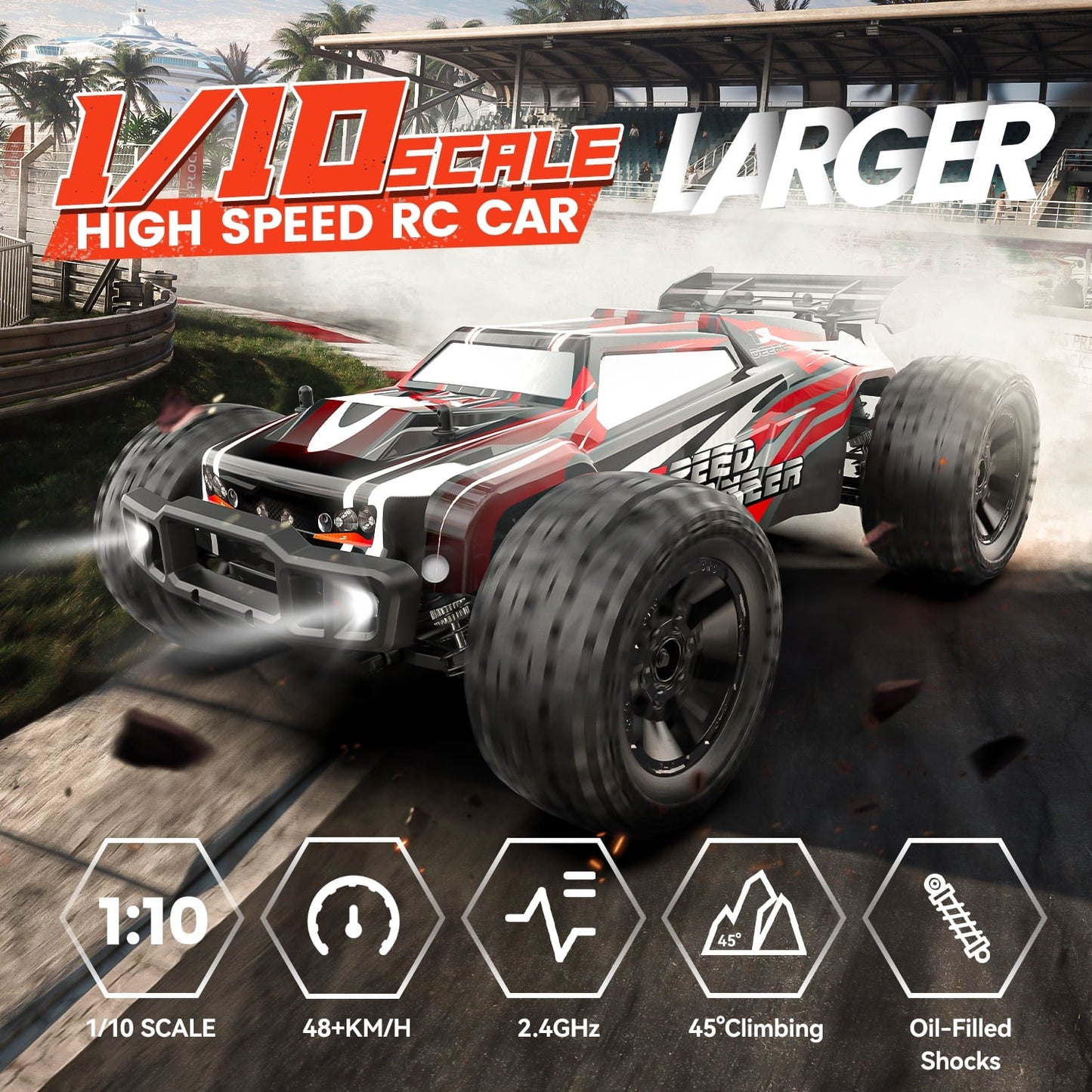 DEERC 9206E 1:10 Scale RC Cars, 48+ KM/H Hobby Grade High Speed Remote Control Car for Adults Boys, All Terrain 4WD 2.4GHz RC Monster Truck with 2 Battery for 40+ Min Play