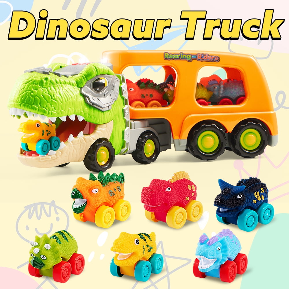 Joyfy Dinosaur Truck Toys with Music & Lights for Kids 2-4, Carrier Truck Toys with 6 Rubber Car Vehicles, Christmas Birthday Gifts for Toddler Boy 2 3 4 5 6