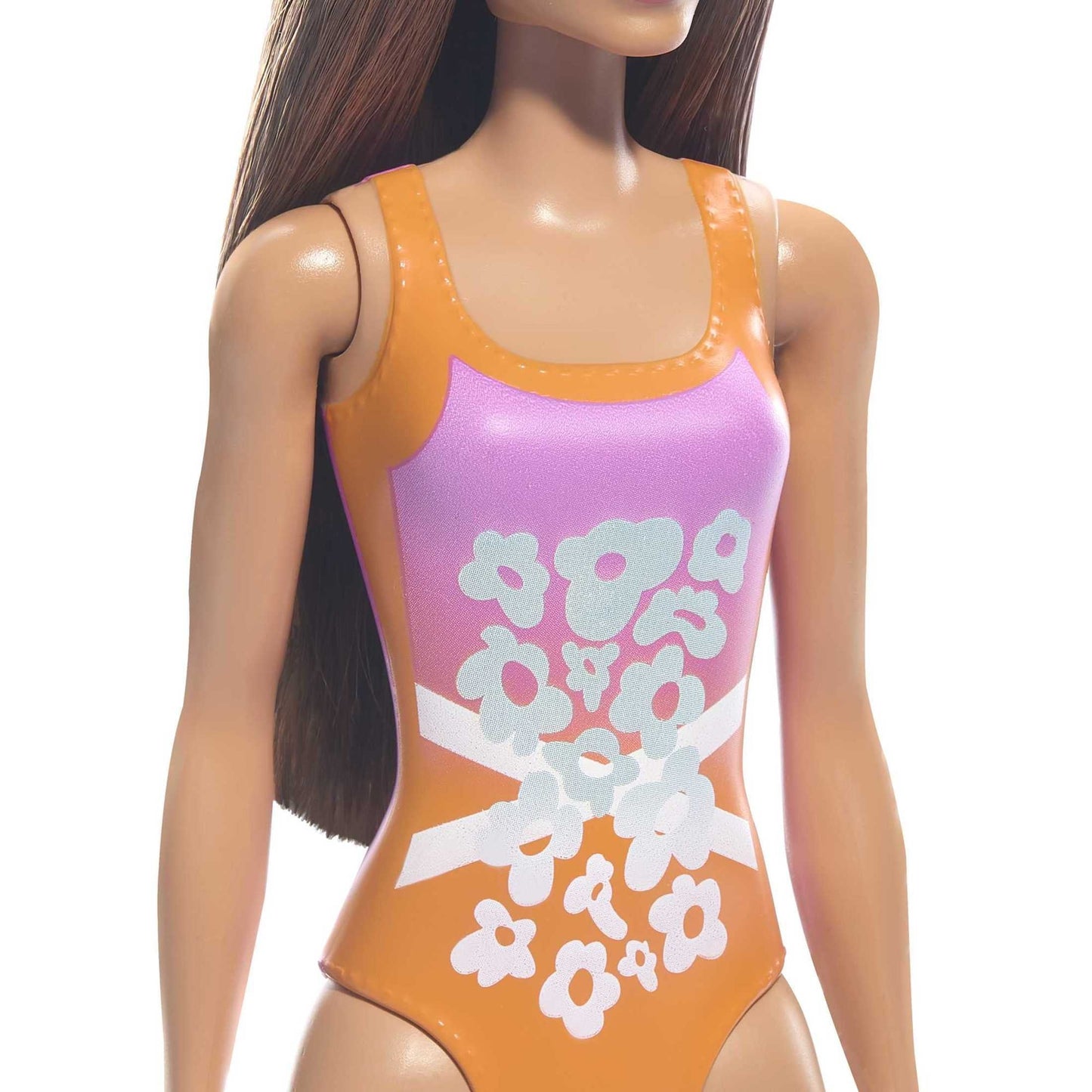 Beach Barbie Doll with Light Brown Hair Wearing Tropical Pink and Orange Swimsuit