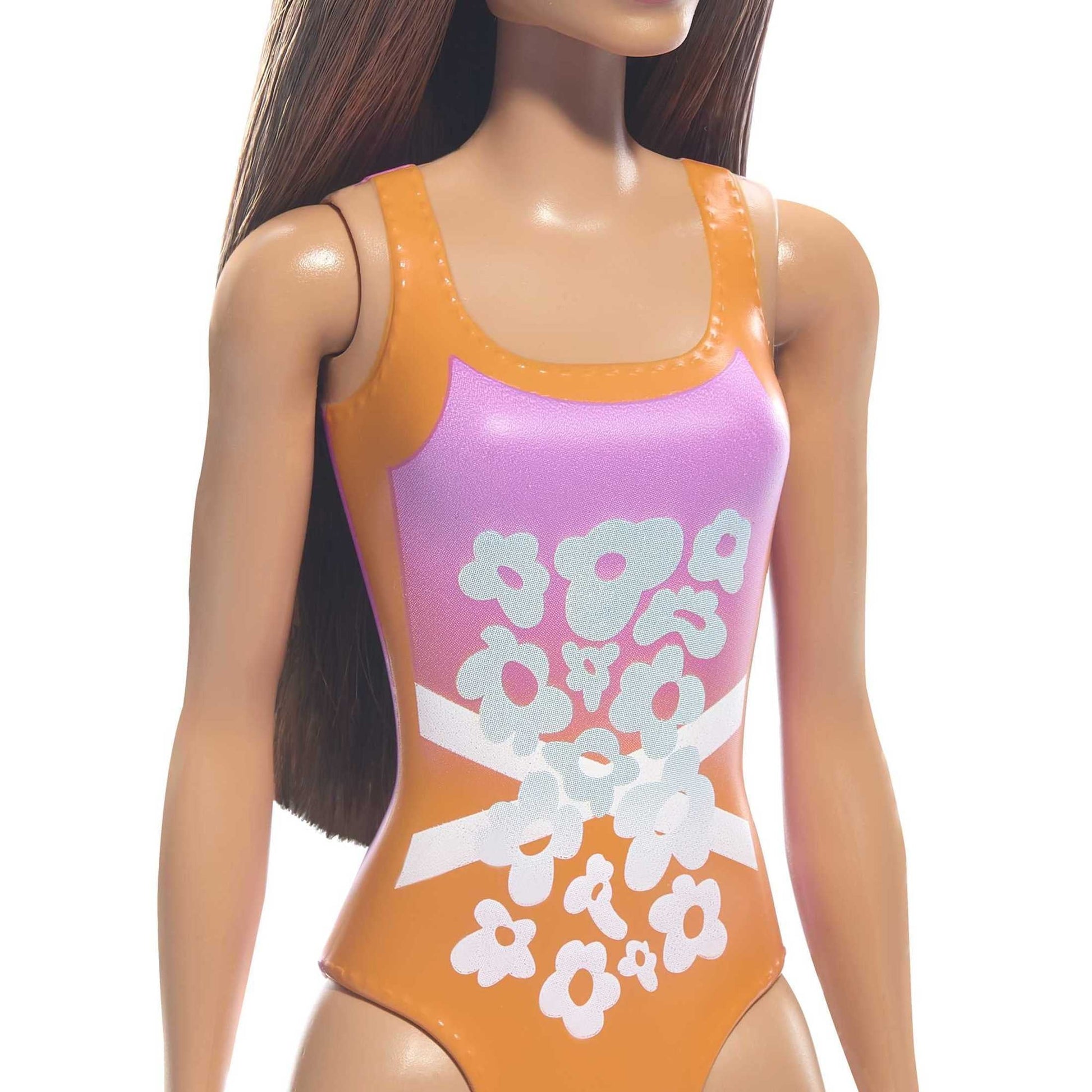 Beach Barbie Doll with Light Brown Hair Wearing Tropical Pink and Orange Swimsuit