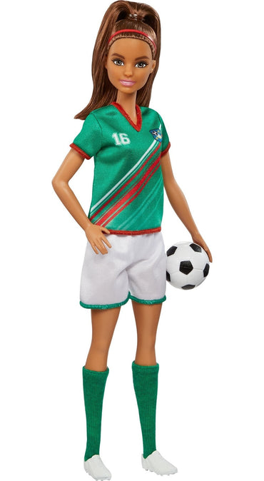 Barbie Soccer Fashion Doll Dressed in Cleats, Colorful #16 Uniform & Tall Socks, Brunette Ponytail