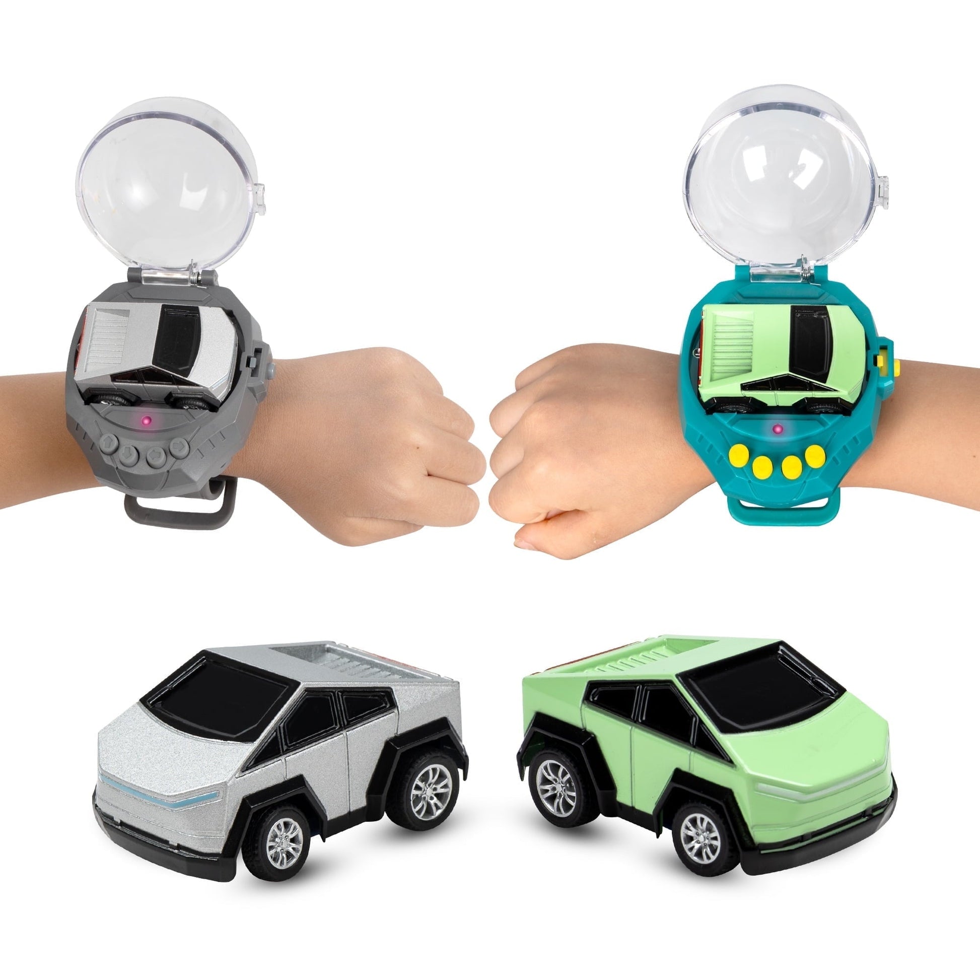 JEEXI Mini RC Car Watch Set for Kids – Wearable Remote Control Cars, LED Lights, Wrist-Mounted Controllers – Toy Cars for Boys & Girls, Fun Parent-Child Playtime - 2 Pack (Green & Gray)