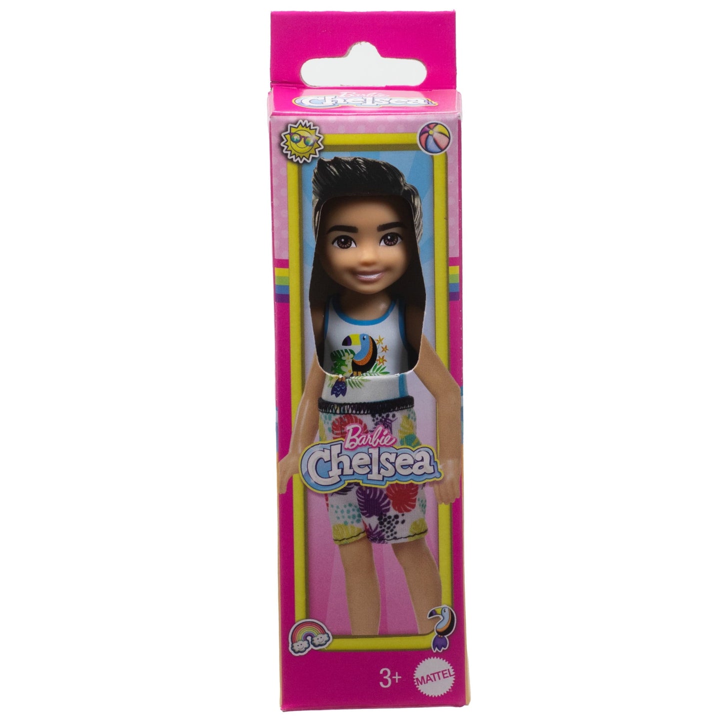 Barbie Chelsea Small Doll with Beach Swimsuit, Toucan & Tropical Leaf Print, Black Hair & Brown Eyes