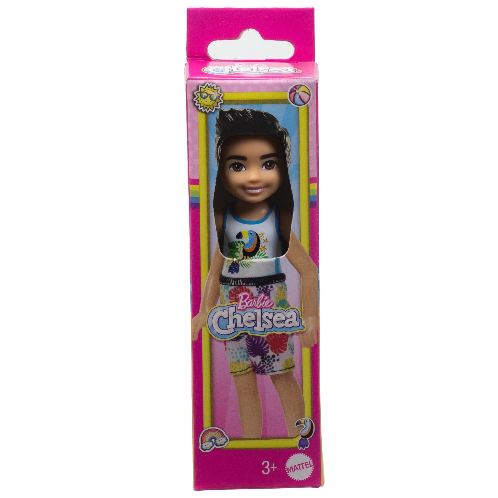 Barbie Chelsea Small Doll with Beach Swimsuit, Toucan & Tropical Leaf Print, Black Hair & Brown Eyes